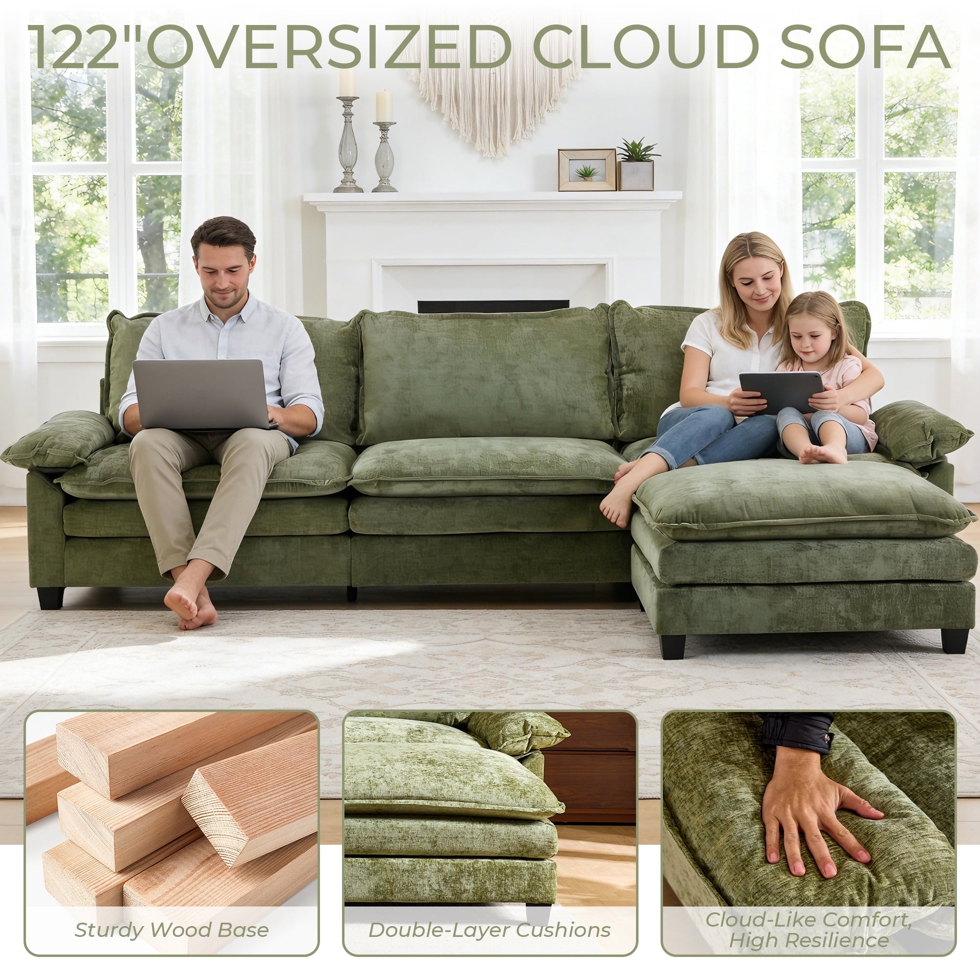 Ktaxon Sectional Sofa L Shaped Couch with Chaise Living Room Sleeper Set, 2 Seats with Chenille and Double Layer Cushions 86 W Beige