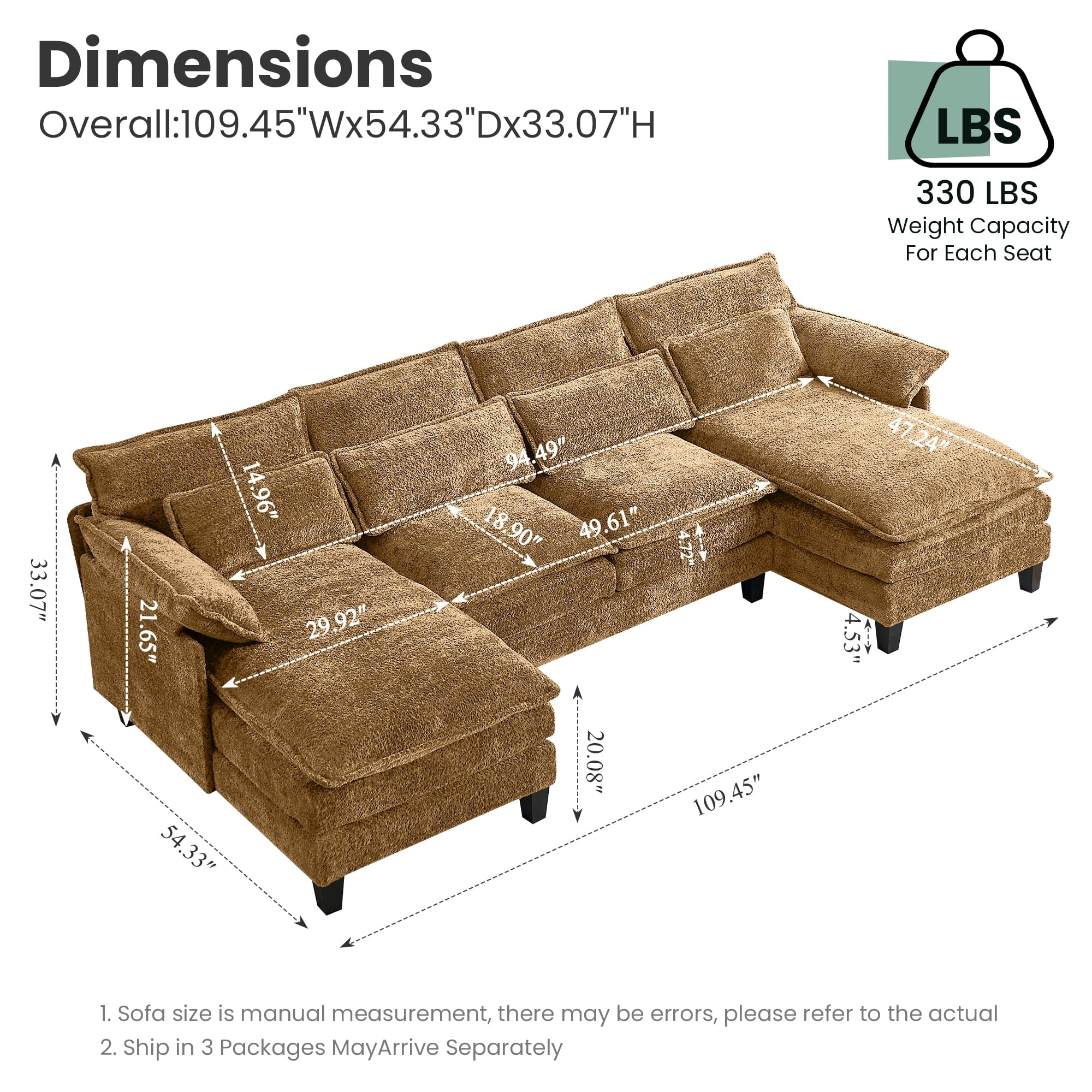JONPONY109.45 U Shaped Couch,Oversized 4 Seat Sectional with 4 Waist Pillows, Convertible Upholstery Symmetrical Sofá,Sleeper Sofa Couch with Double Chaise Lounge &Memory Foam for Living Room, Beige
