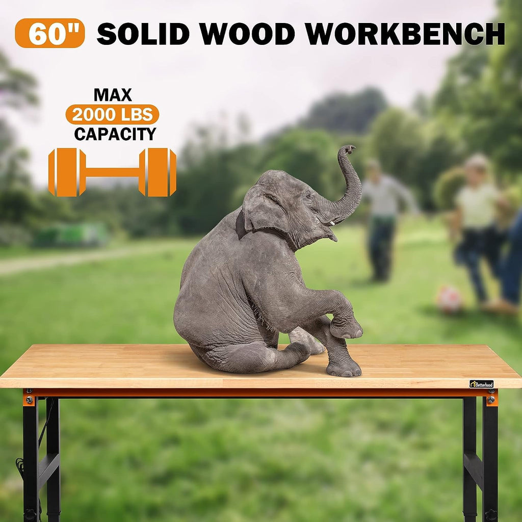 Tolead 60 Heavy-Duty Adjustable Workbench with Power Outlets, Rubber Wood Shop Table, Metal Wheels, Workstation