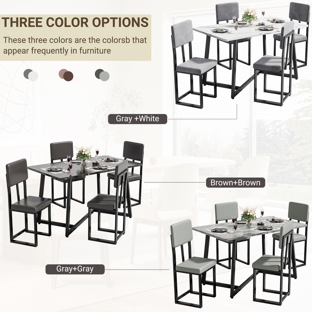 PORKISS 5 Piece Dining Table Set, Modern Faux Marble Tabletop and 4 Linen Upholstered Chairs, Rectangle Kitchen Table and Chairs for 4, White + Gray(Linen)