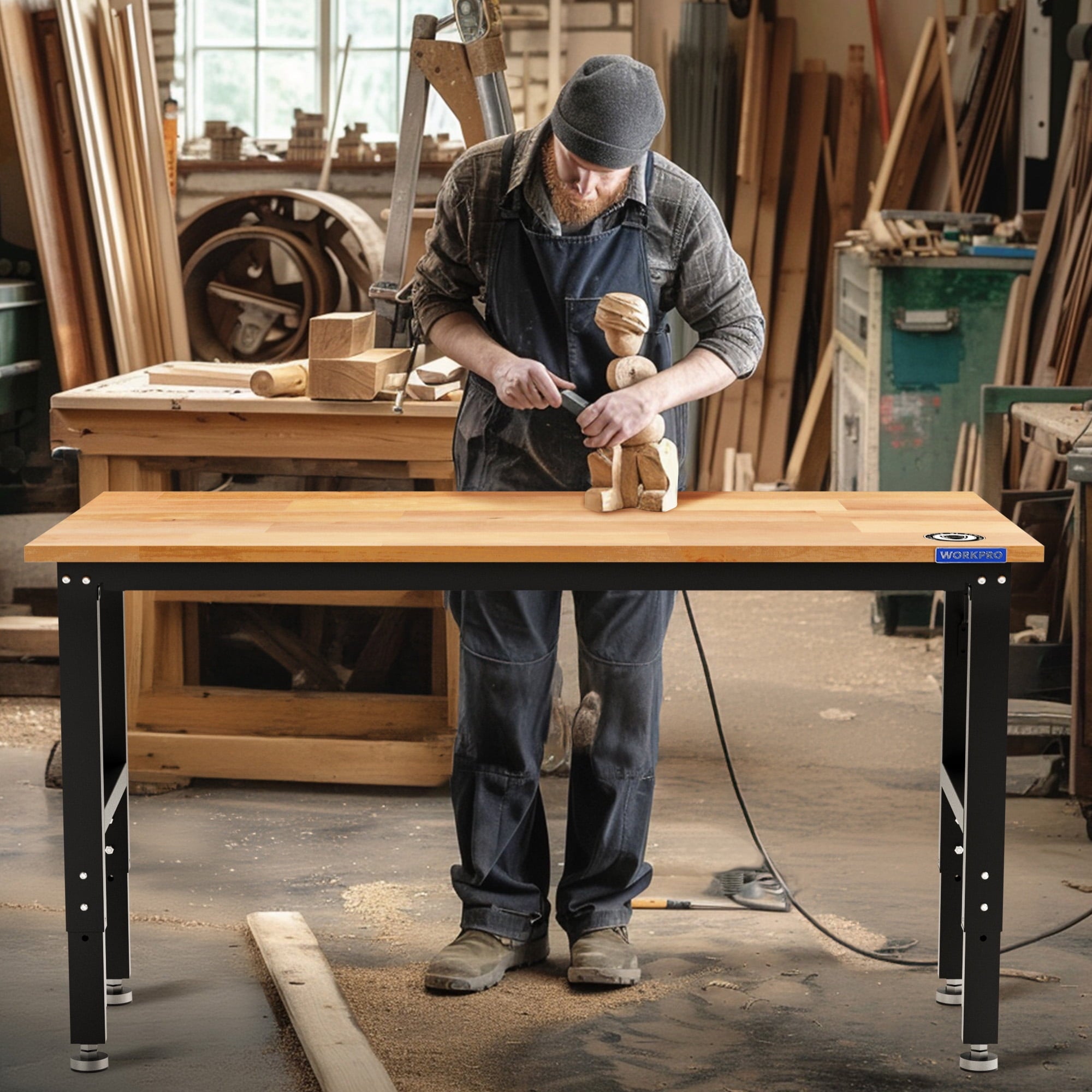 WORKPRO 60” x 24 Adjustable Workbench 1500 LBS Load Capacity Hardwood Worktable with Power Outlets, Leveling Foot