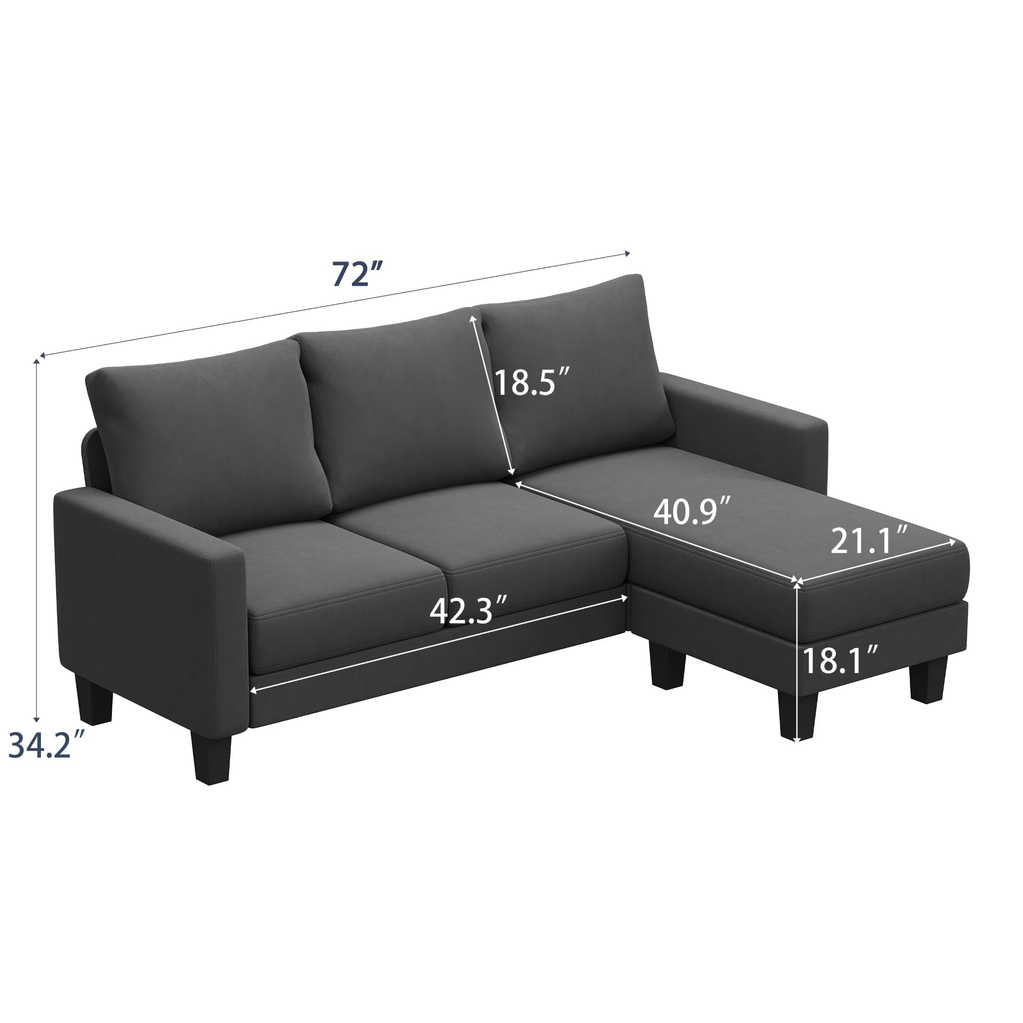 Vineego 72 L-Shaped Sectional Sofa with Ottoman Ergonomic Support Sofa Couch for Small Spaces Living Room, Apartment,Dark Gray