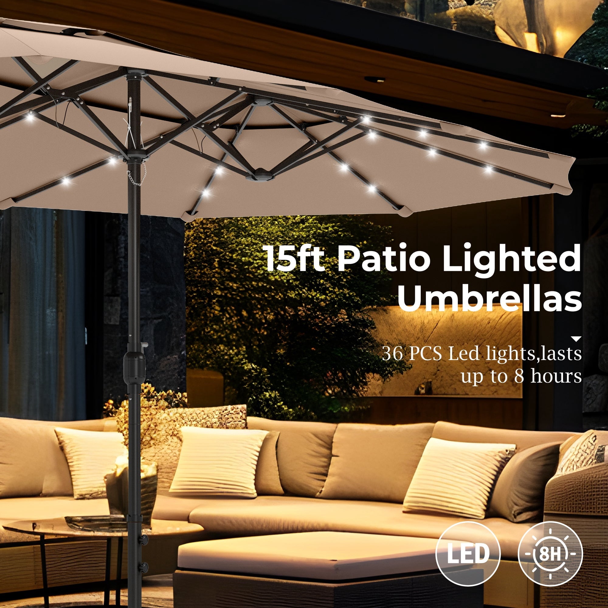 Alpha Joy 15ft Dual-Layer Extra Large Outdoor Patio Umbrella Double-Sided Ventilation Umbrella with Led Lights & Umbrella Base, Beige