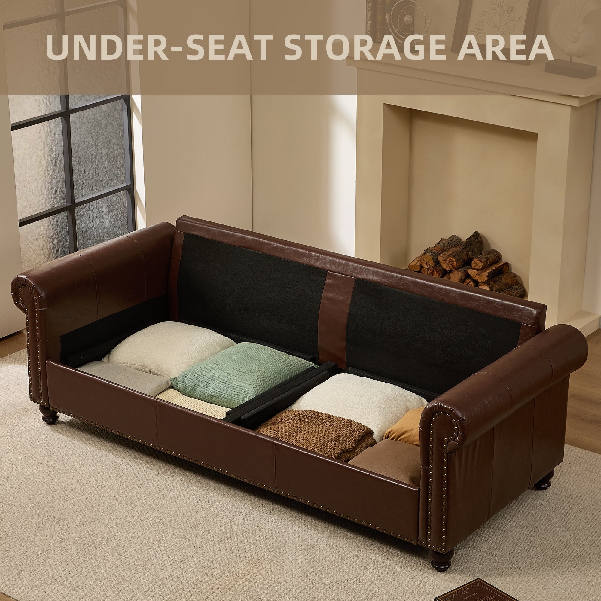 Me'on 80'' Faux Leather Sofa with Storage Seats, Classic 3-Seater Couch with Nailhead Trim, Easy Assembly, Dark Brown