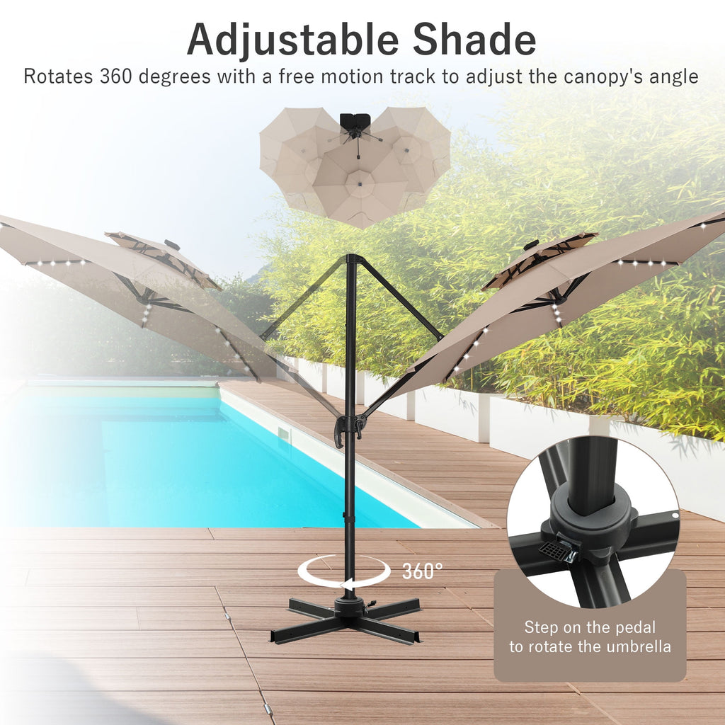 Ainfox 10ft Double Top Heavy-Duty Patio Cantilever Umbrella with lights and Cross Base, Outdoor Large Offset Hanging Aluminum Rotation Sun Shade Solar Umbrella with 360°Rotation Adjustable,Khaki