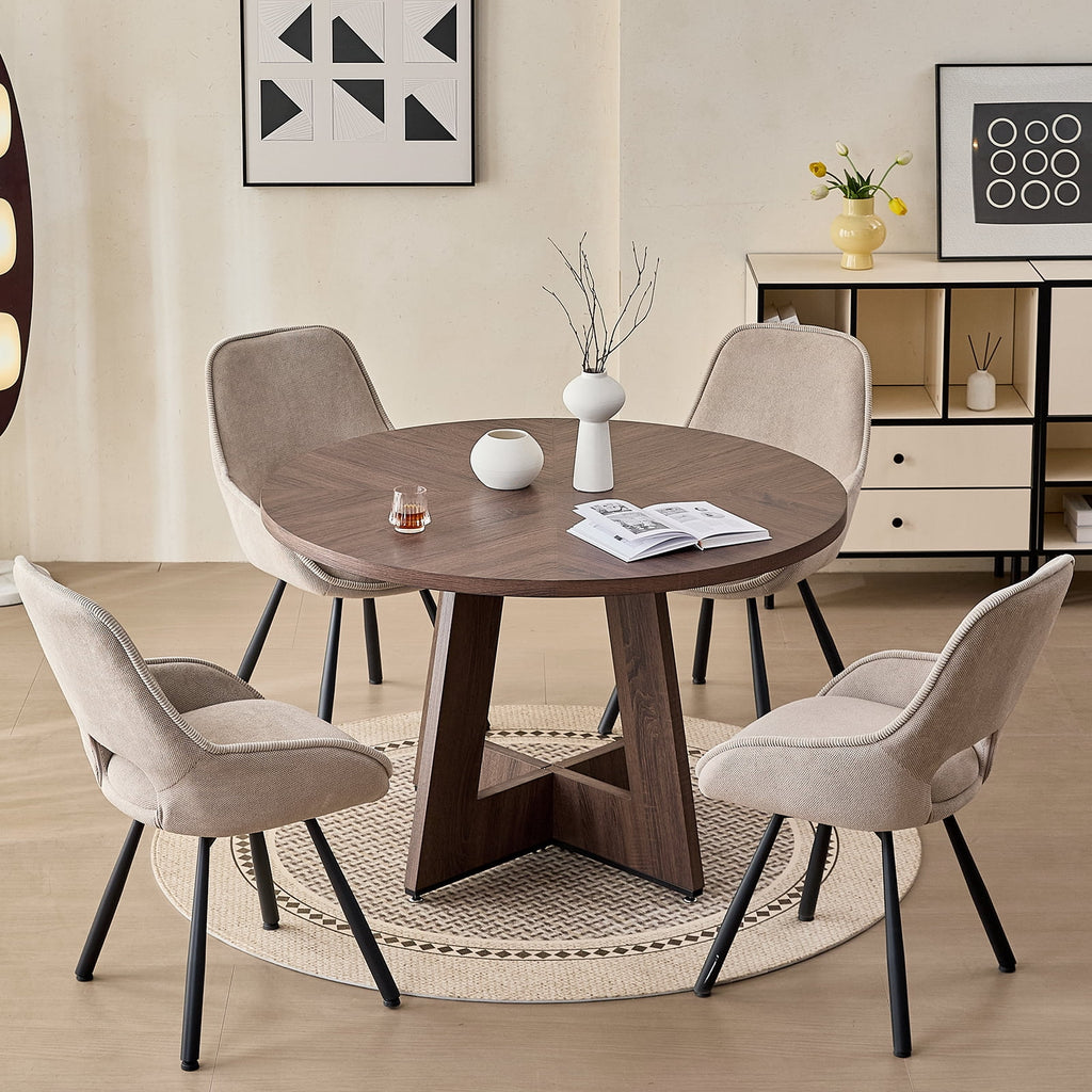 5 Piece 47'' Round Dining Table Chairs Set for 4, Farmhouse Oak Kitchen Table with 4 Boucle Mid Century Modern Dinning Room Chairs, Wood Dinner Table &Upholstered Chair Set of 4, Beige