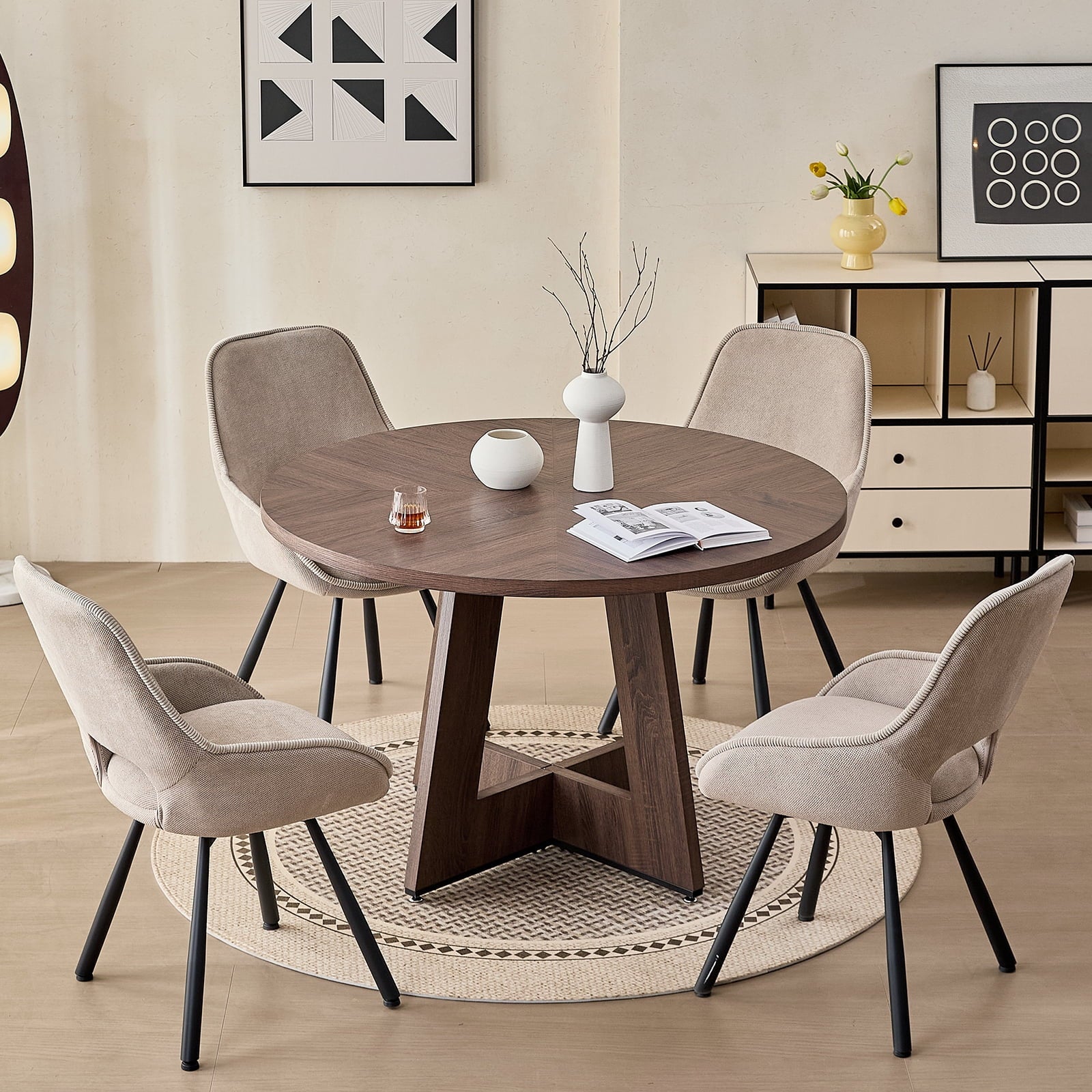 5 Piece 47'' Round Dining Table Chairs Set for 4, Farmhouse Oak Kitchen Table with 4 Boucle Mid Century Modern Dinning Room Chairs, Wood Dinner Table &Upholstered Chair Set of 4, Beige