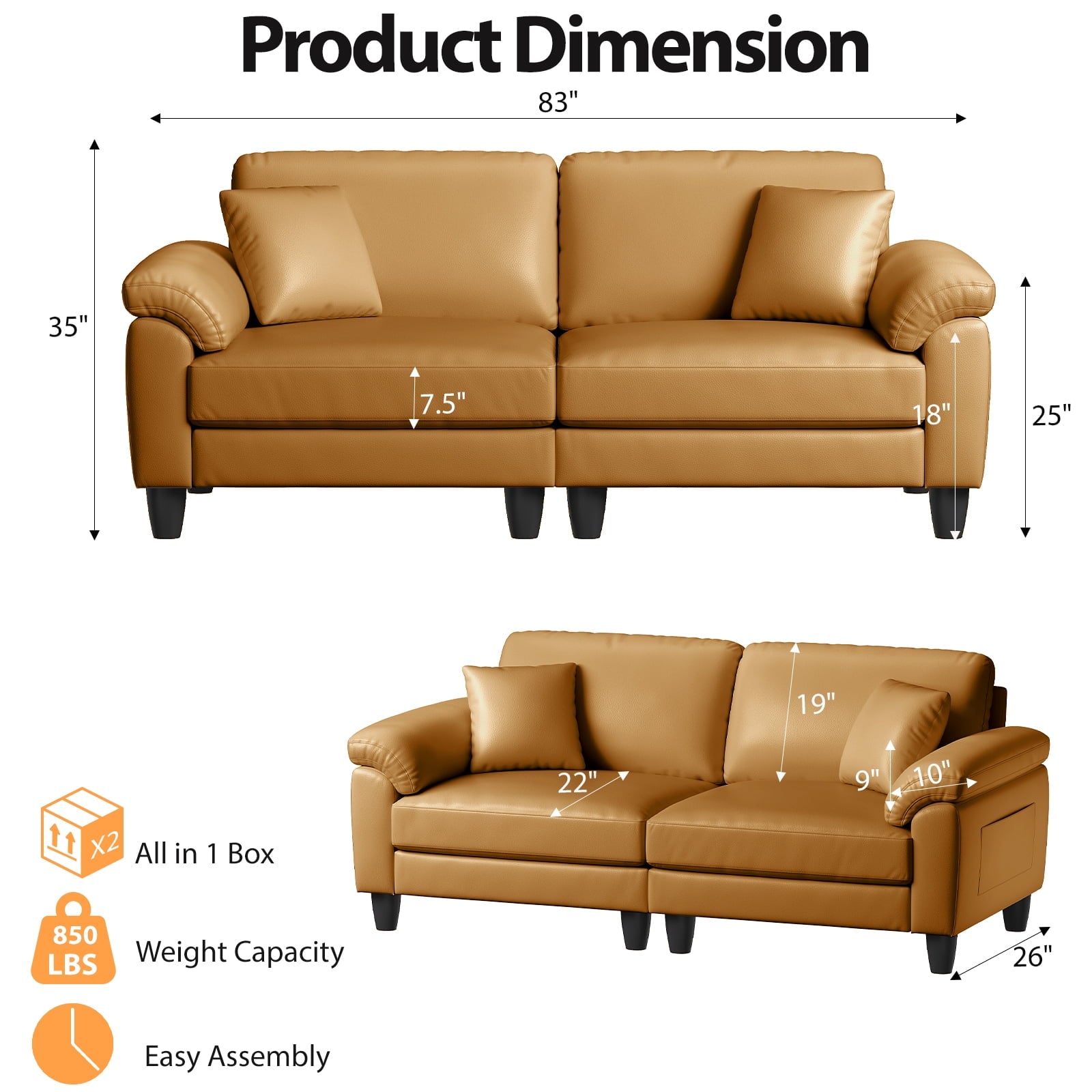 83 Couch Premium PU Leather Sofa, Deep Seat Oversized Loveseat for Living Room (Includes 2 Pillows), Brown