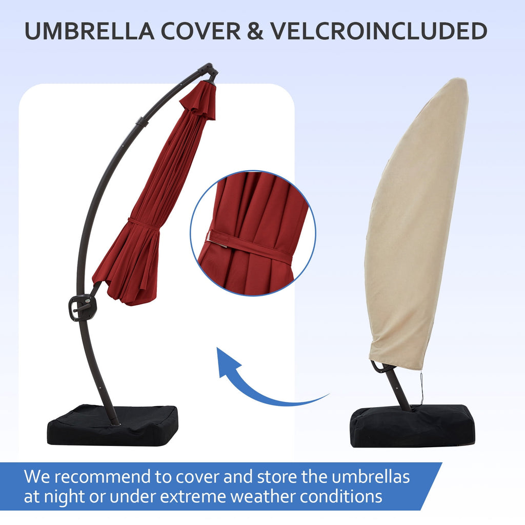 FUNDAZE 11ft Market Patio Umbrella with Base, Curved Cantilever Hanging Sun Shade with Crank & Tilt for Garden, Deck, Poolside,Beige