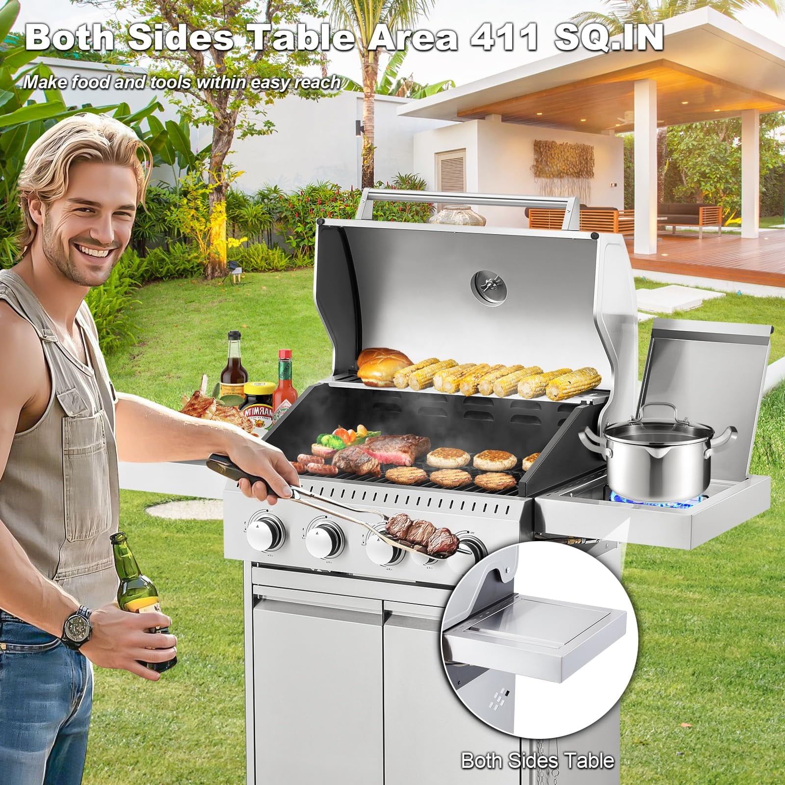 MELLCOM Upgraded 36,000 BTU Stainless Steel Burner Barbecue Grill, 3 Burner BBQ Propane Gas Grill with Cast Iron Grates & Side Stove for Patio, Camping, Outdoor Cooking