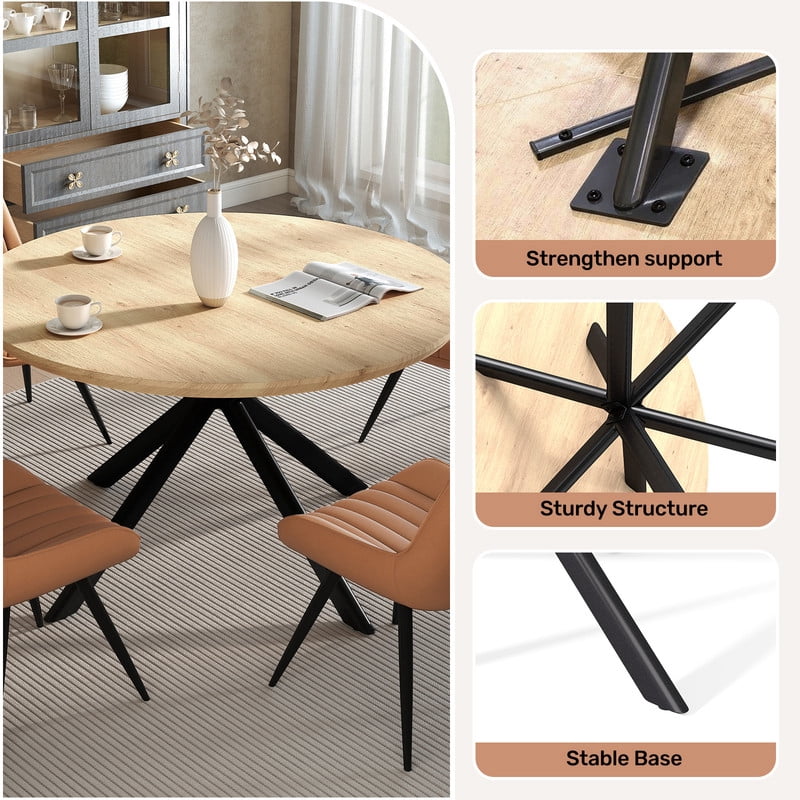 Hawsaiy 47 Round Dining Table for 4-6, Modern Farmhouse Kitchen Table with Metal Legs, Wood Circle Dinner Table for Kitchen & Dining Room, Walnut