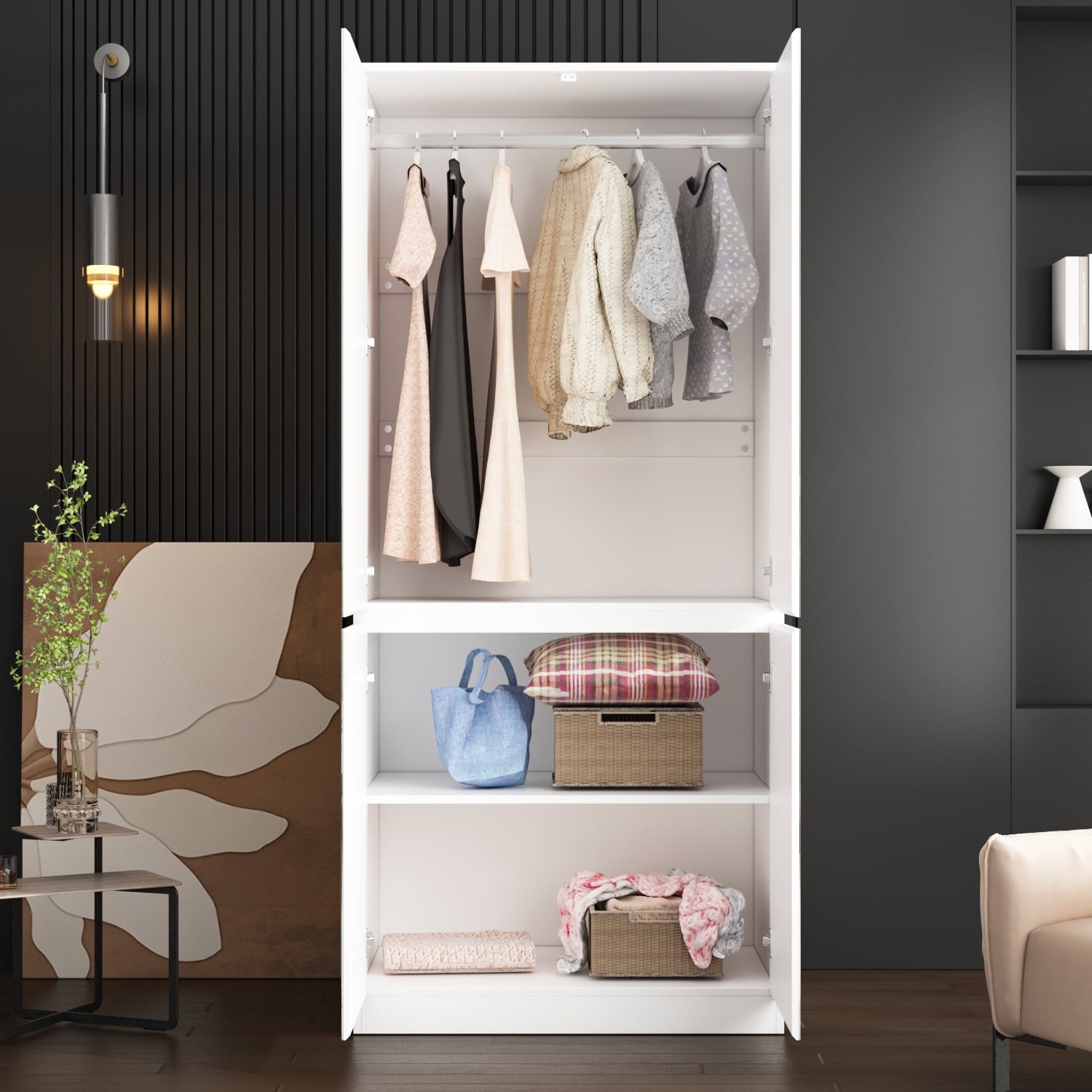 Wiawg 2 Door Wardrobe Armoire,Mirrored Closet Storage with Drawers and Shelves,White