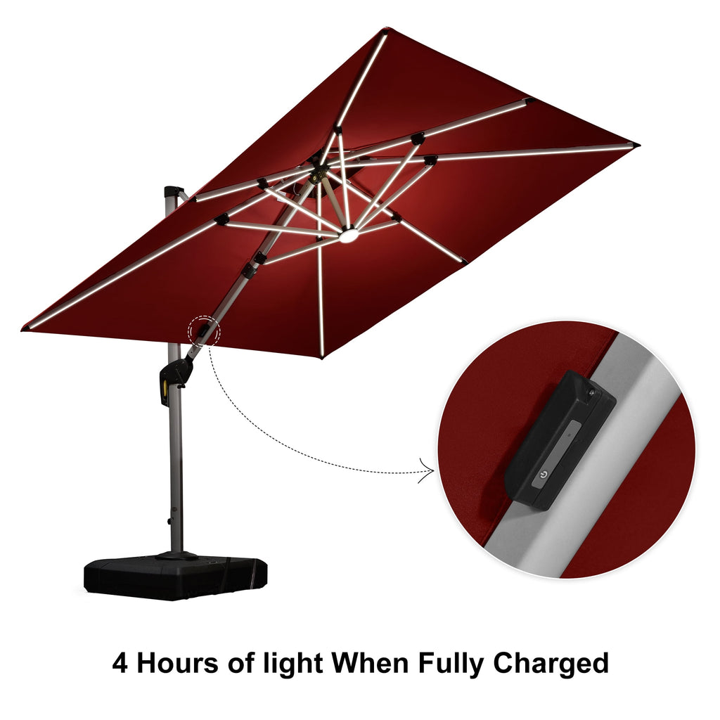 PURPLE LEAF 9 x 12FT Deluxe Rectangle Solar Powered LED Patio Umbrella with Base, Large Offset Cantilever Umbrella with 360° Rotation, Navy Blue