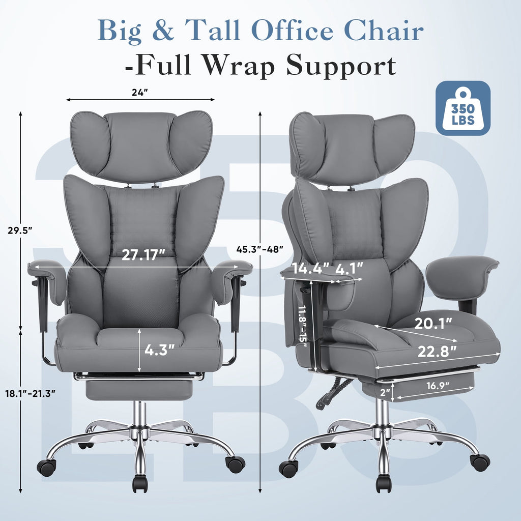 CONCETTA Ergonomic Office Chair 400LBS for Big & Tall, Heavy Duty Desk Chair with Reclining Back, Footrest, Luxurious PU Leather, Black