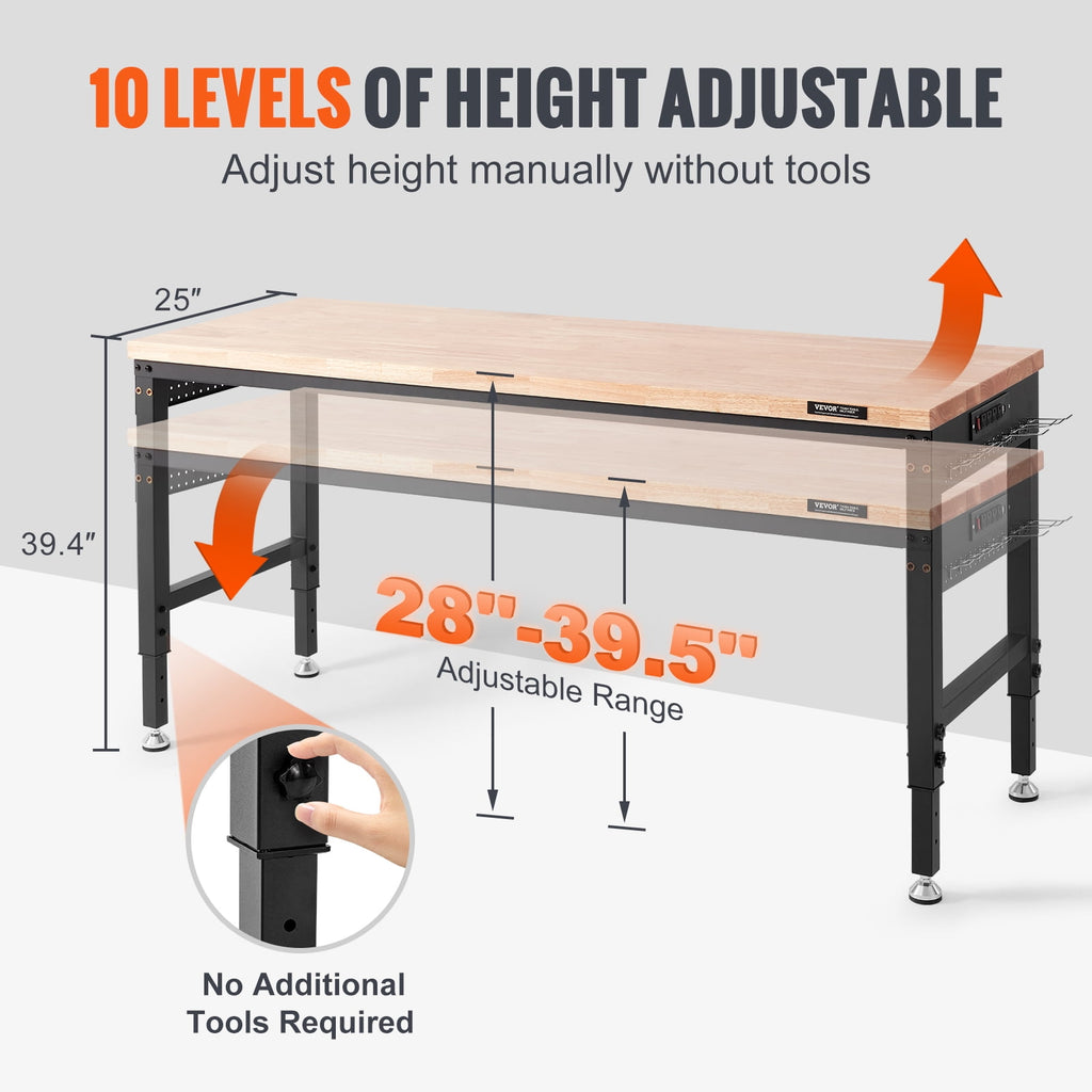 VEVOR Adjustable 28-39.5 Heights Workbench, 72 L X 25 W Garage Worktable with Universal Wheels, 3000 LBS Load Capacity, with Power Outlets