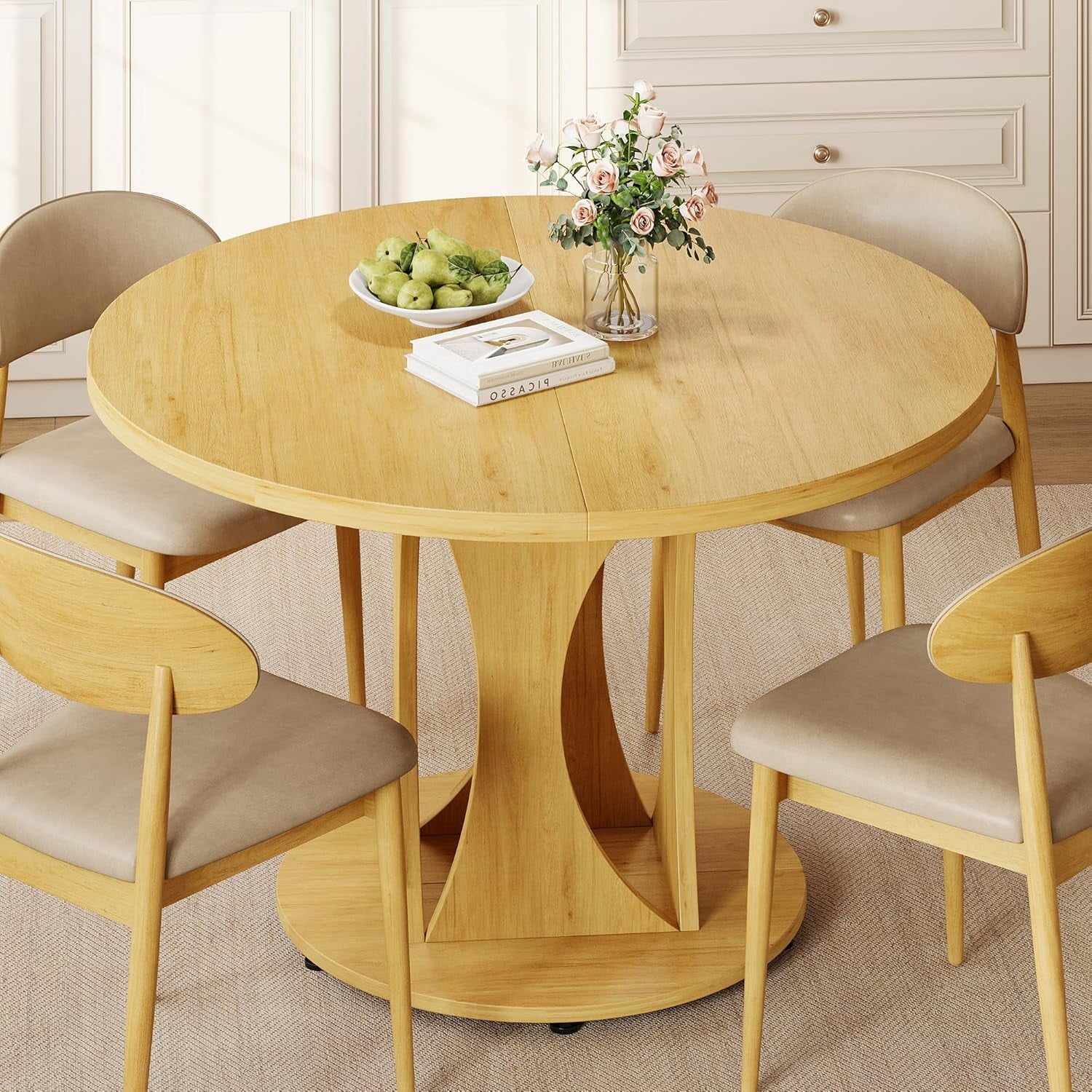 Virans 43.3-59 Extendable Round Dining Table for 6-8,Kitchen Table with MDF,Modern Dinner Table for Dining Rooms,Living Rooms,Walnut