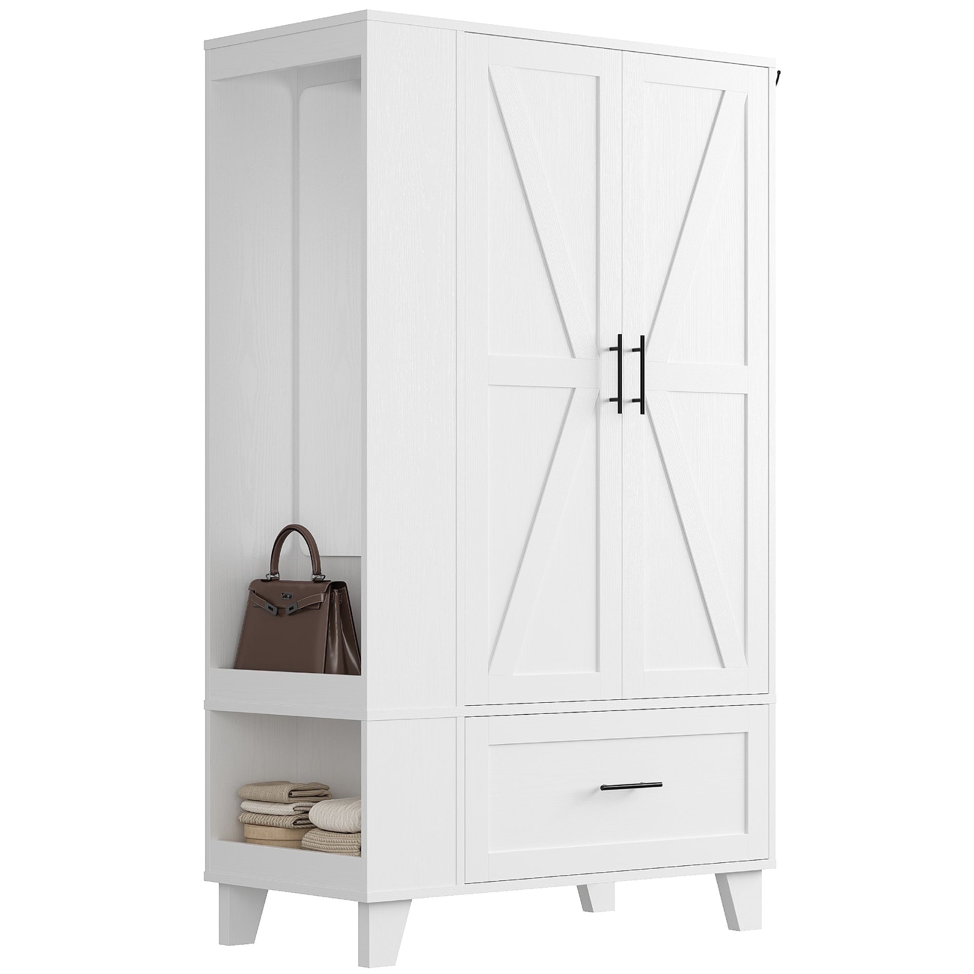 IRONCK 67 Tall Wardrobe Closet with Mirror & Drawer, White Wooden Bedroom Armoire Cabinet with Side Shelves and Hooks