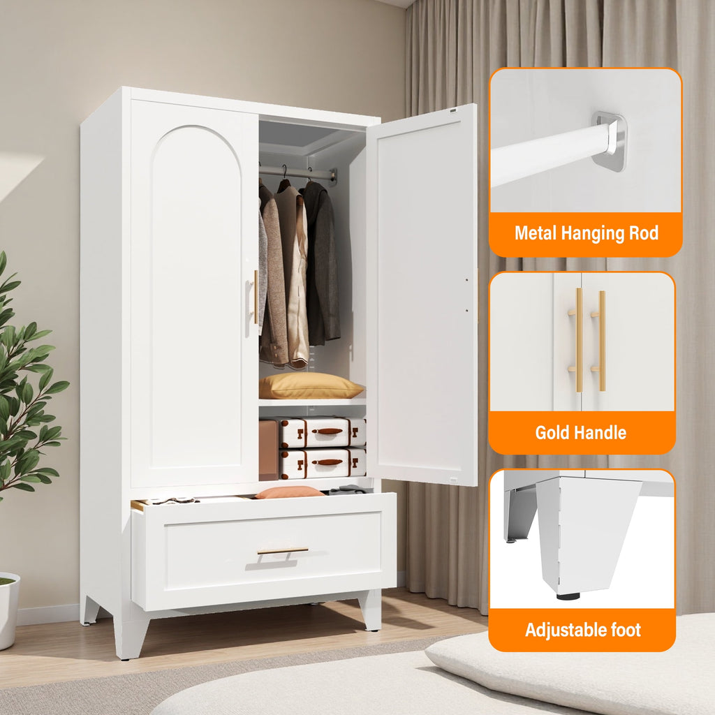 AISWORD 60 Tall Metal Wardrobe Cabinet with 1 Drawer and Hanging Rod, 2 Doors Closet with Adjustable Shelf, White