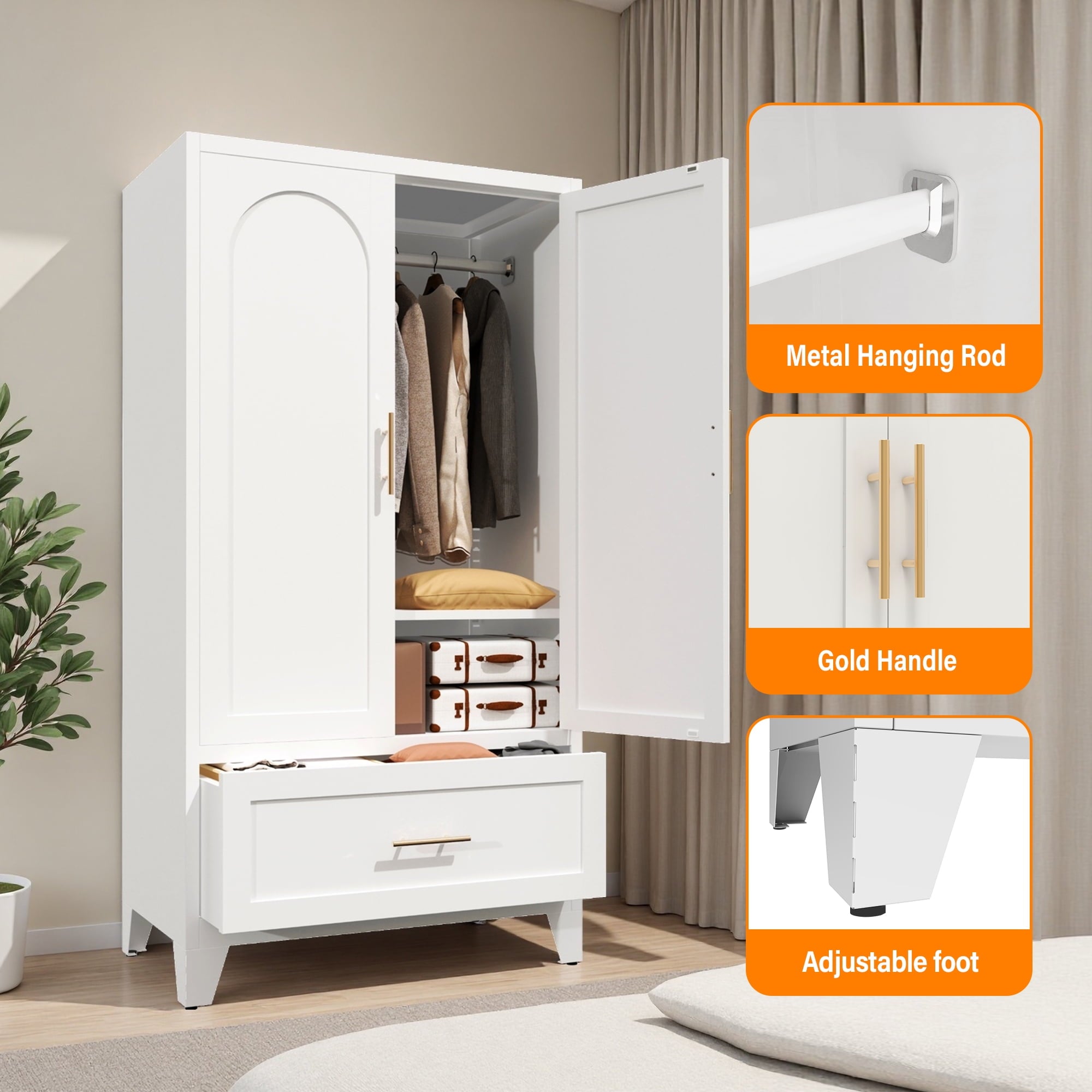 AISWORD 60 Tall Metal Wardrobe Cabinet with 1 Drawer and Hanging Rod, 2 Doors Closet with Adjustable Shelf, White