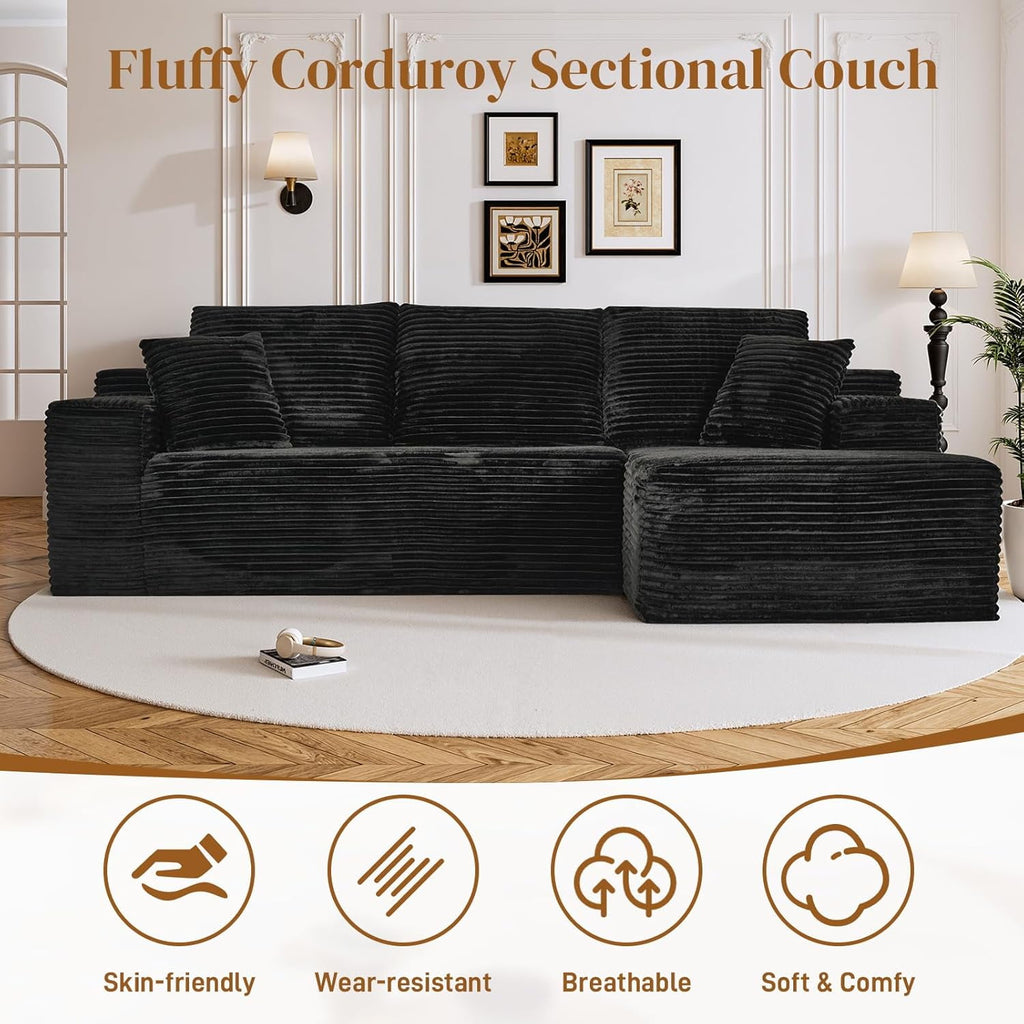 LLappuil 108 Sectional Sofa, Modular Sectional Couch with Left Chaise, Deep Seat Corduroy Cloud Sofa for Living Room Black