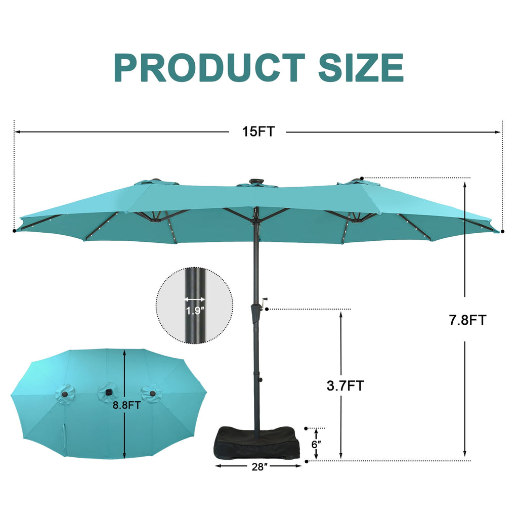 Ainfox 15ft Large Patio Umbrella with Solar Lights, Double-Sided Outdoor Rectangle Table Umbrellas with Sand Bag Base，Beige