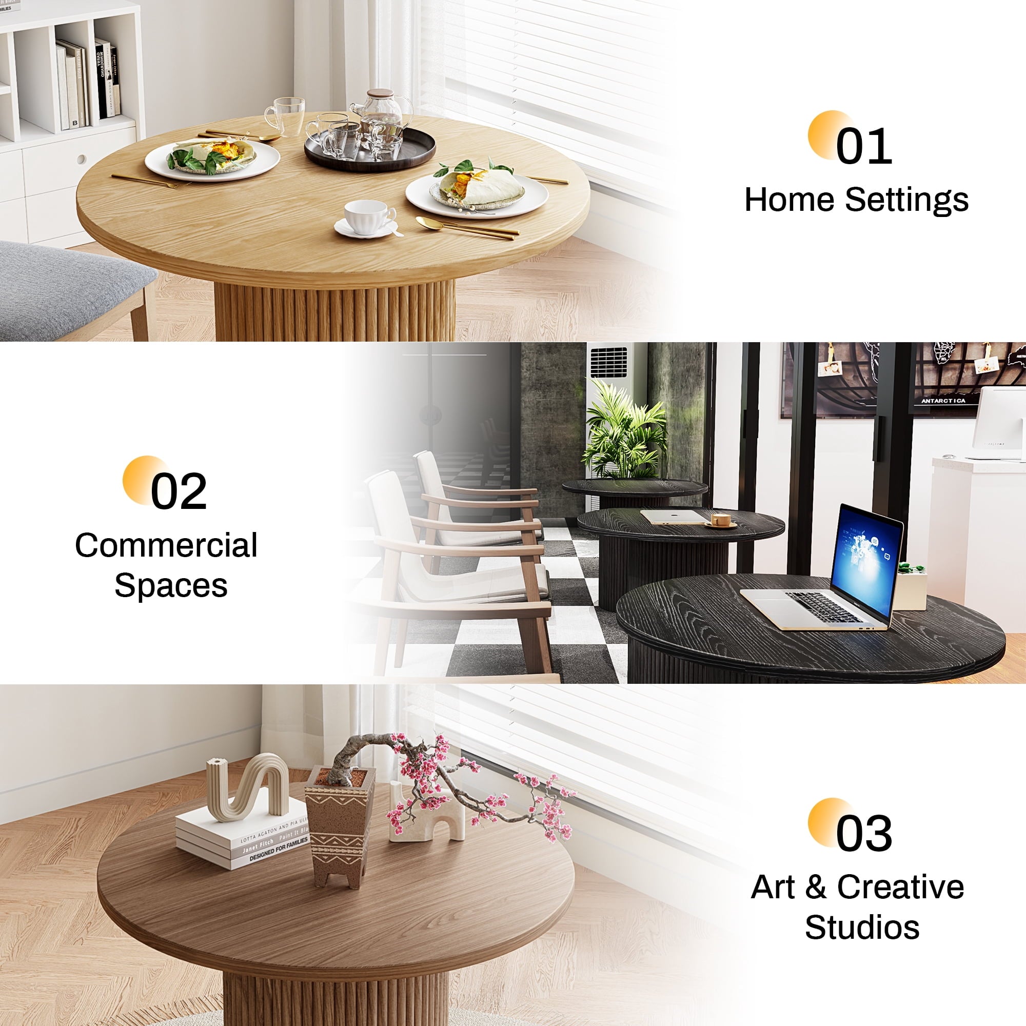 Rophefx 35.4 Solid Wood Round Dining Table with Handcrafted Relief Pedestal,Circle Dining Table,Natural