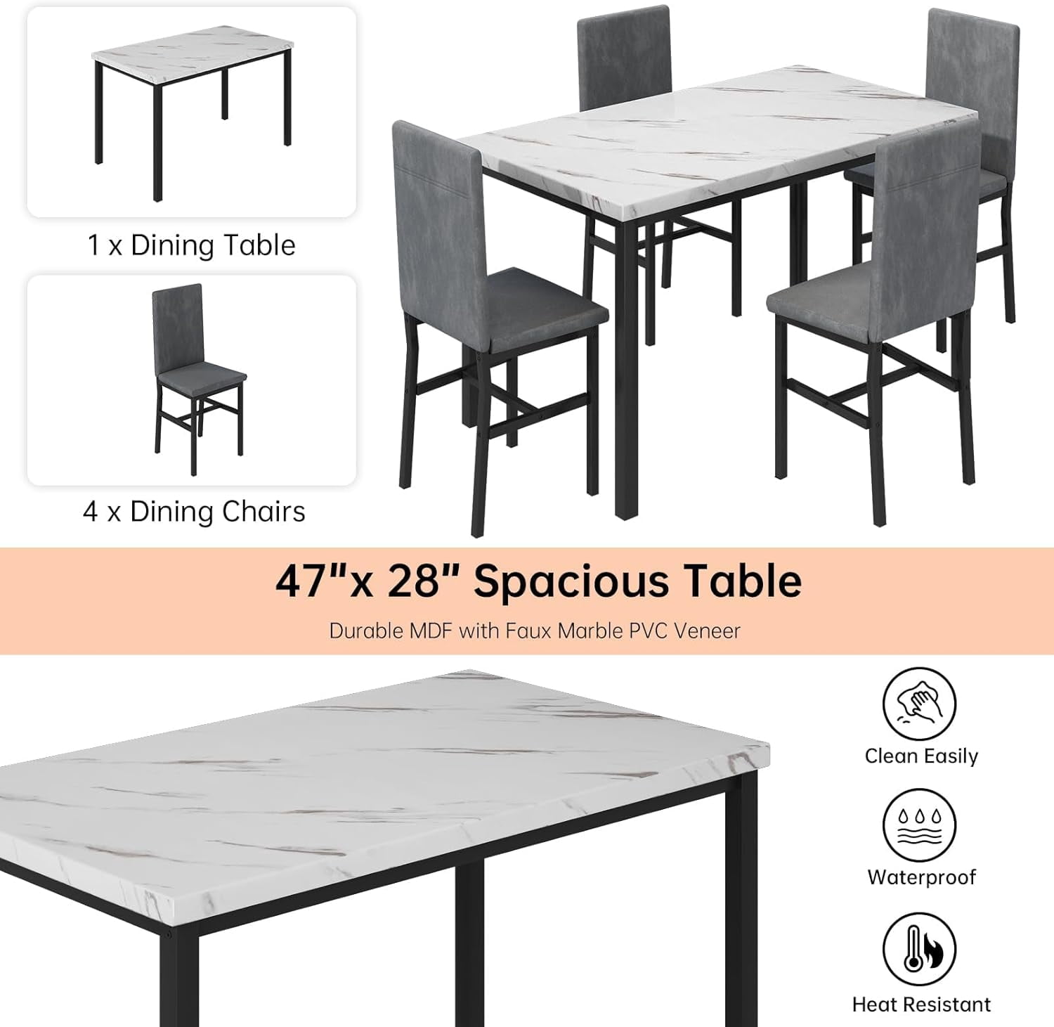 Cvortll 5 Piece Dining Table Set, Kitchen Table and Chairs Set for 4 with Faux Marble and 4 Velvet Upholstered Dining Chairs for Home, Restaurant, Black & Black
