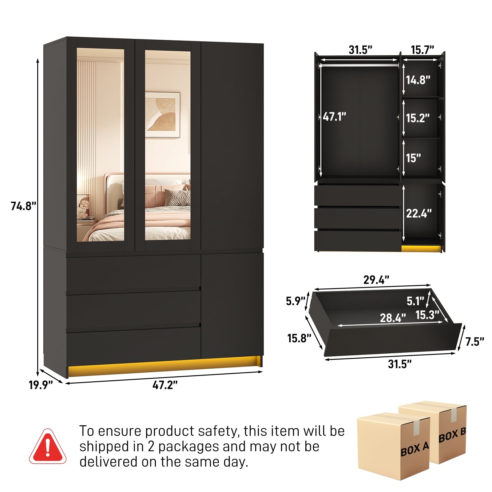 75 Tall 3 Doors Armoire Wardrobe Closet with  3 Drawers and Mirror, Large Wardrobe Closet for Bedroom with LED Lights, Wooden Armoire Storage Cabinet with Hanging Rod, Adjustable shelves (White)