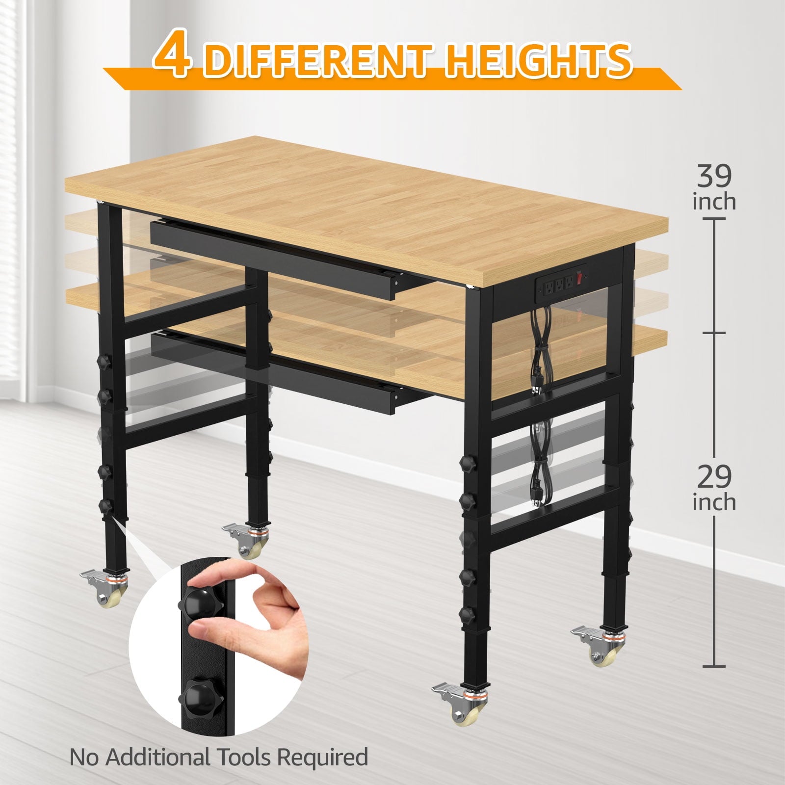 60 Adjustable Workbench,Heavy-Duty Work Table,3000 LBS Load Capacity Hardwood Workstation Outlets with Power strips and Wheels,for Workshop, Garage