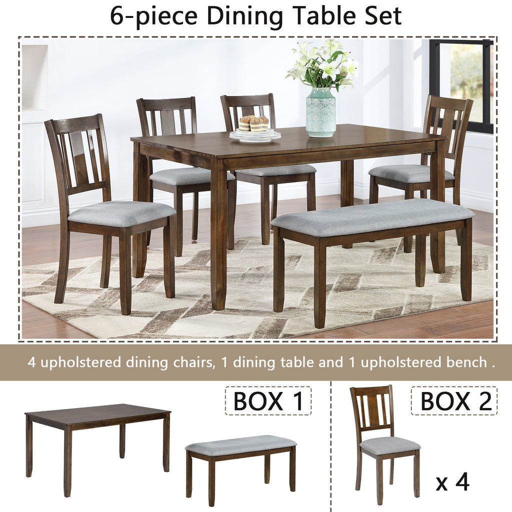 Dining Room Set, LEGAHOME 6 Piece Dining Sets with Bench and Chairs, Solid Wood Kitchen Dining Table Set for 6 with Upholstered Chairs, Gray