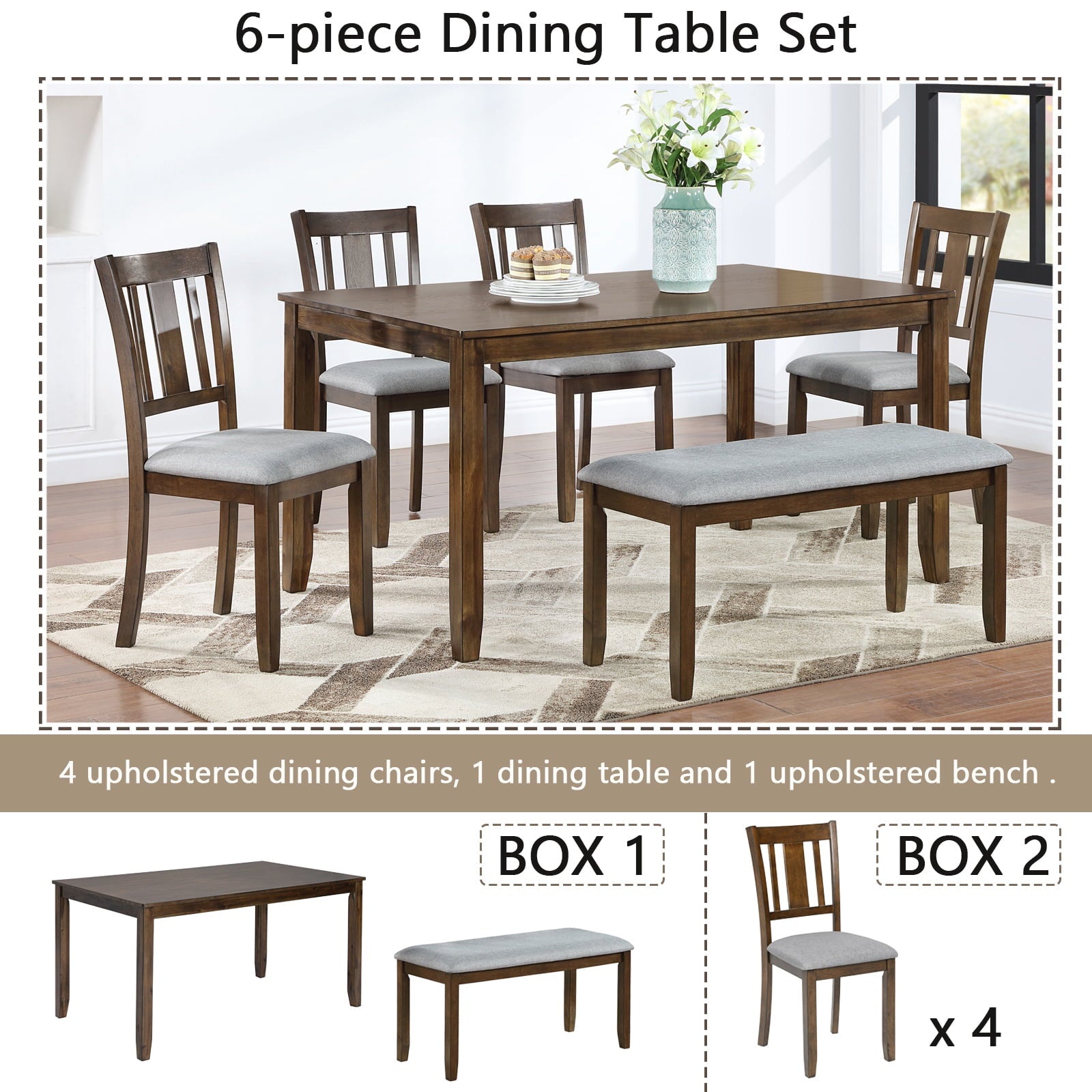Dining Room Set, LEGAHOME 6 Piece Dining Sets with Bench and Chairs, Solid Wood Kitchen Dining Table Set for 6 with Upholstered Chairs, Gray