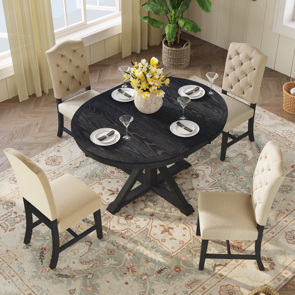 Harper & Bright Designs Extendable Dining Table Set for 4 Upholstered Chairs Functional Retro Style Table for Dining Room Kitchen, Natural Wood Wash