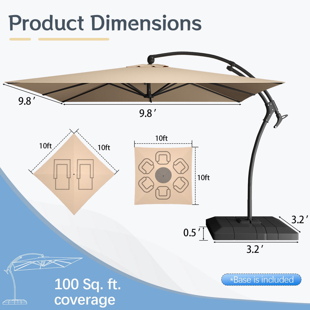 AECOJOY 10x10ft Outdoor Cantilever Patio Umbrella with Base, 360° Tilt & Rotate, Beige