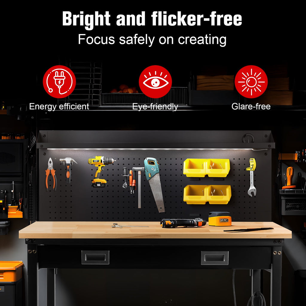 MUWOOD Multifunctional Workbench 60x22 with Pegboard Worktable w/ Power Outlets, LED, Work Bench For Garage max. 1500W Heavy Duty Workbench 2000lbs Weight Capacity