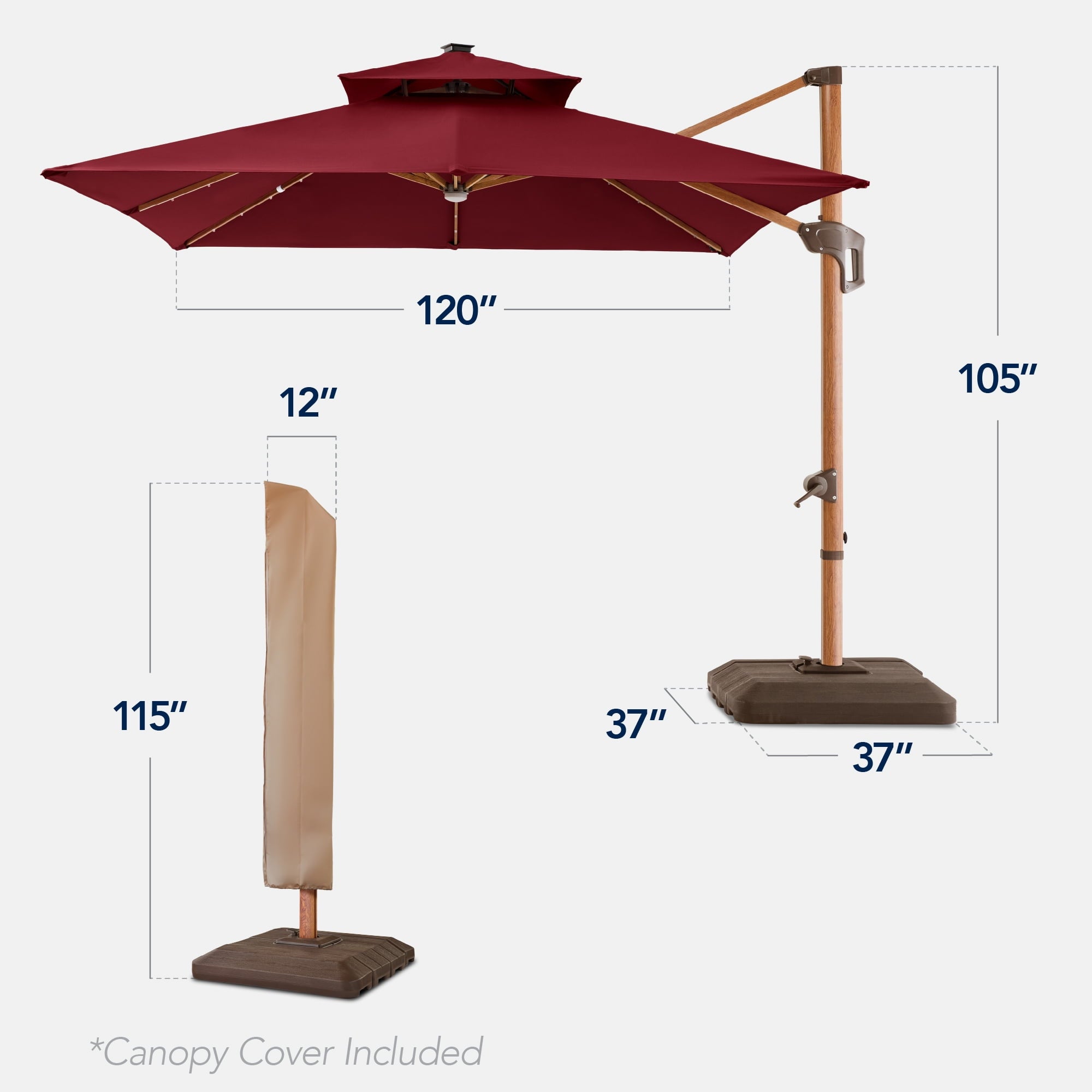 Best Choice Products 10ft Square Woodgrain Pattern 2-Tier Outdoor Solar LED Cantilever Umbrella w/ Base - Gray