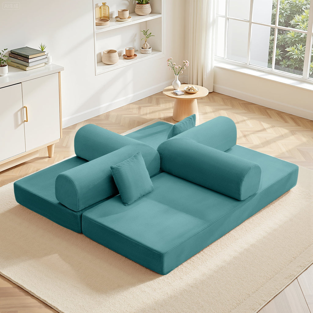 COOLHUT 63 W Combination Sofa, High Rebound Density Foam Sofa Couch, Two Forms Floor Couch Three Seats Sofa Bed for Living Room, Bedroom, Green