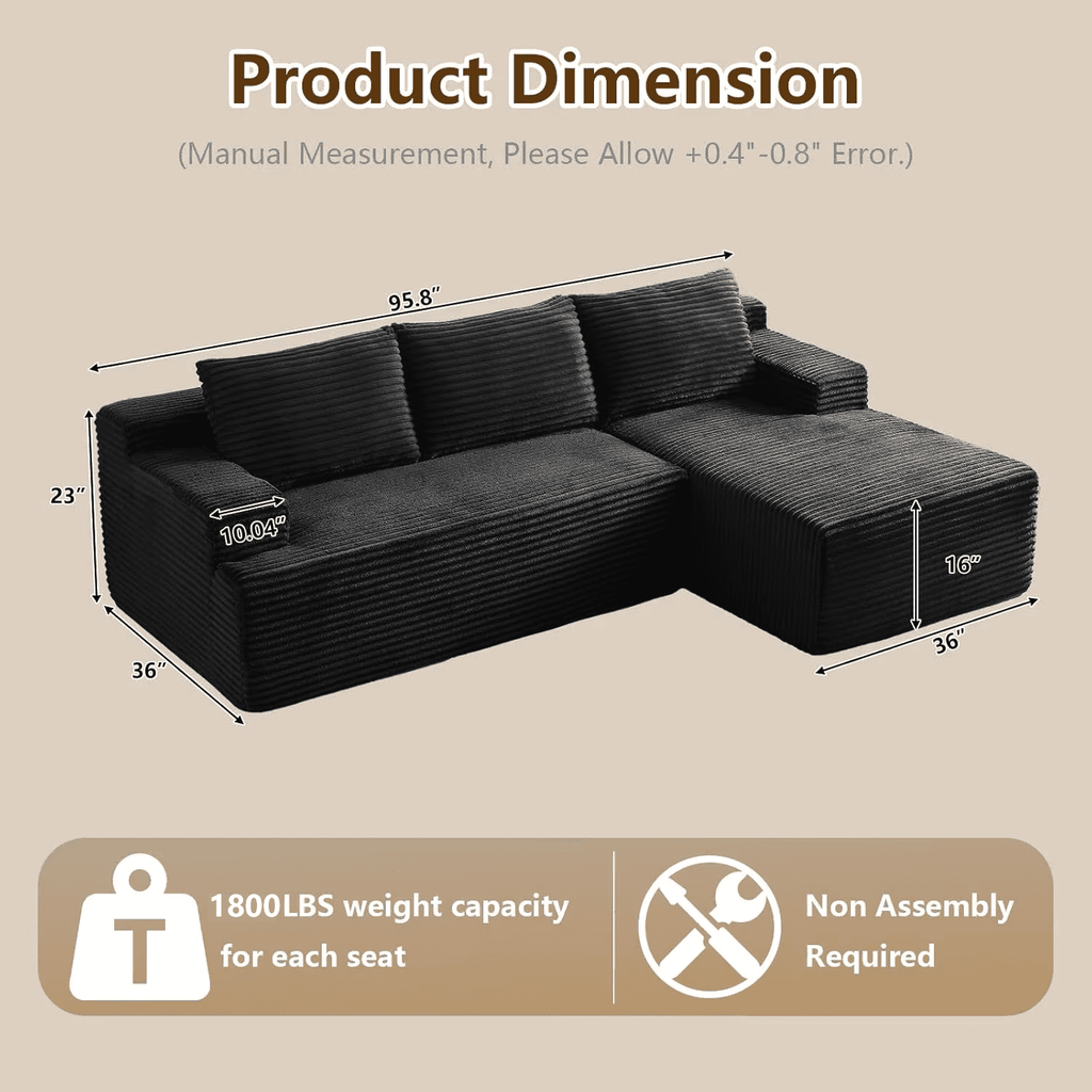 96 L-Shaped Sectional Couches for Living Room, Modular Cloud Couch with Chaise, Corduroy Deep Seat Boneless Sofa, No Assembly, Black