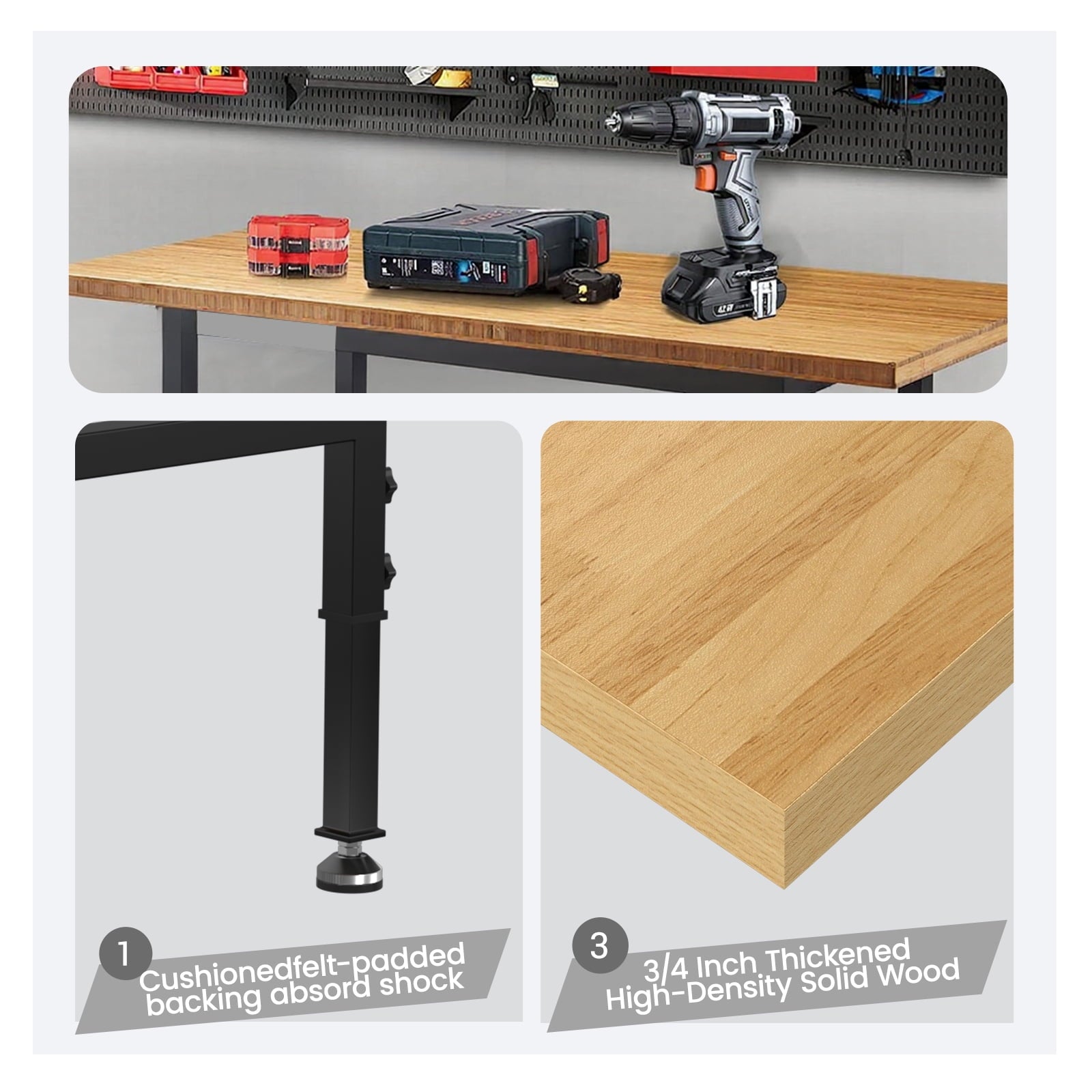 60 Adjustable Workbench,Heavy-Duty Work Table,3000 LBS Load Capacity Hardwood Workstation Outlets with Power strips and Wheels,for Workshop, Garage