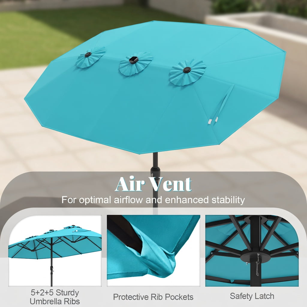 Demi Bonn 15FT Double-Sided Solar LED Patio Umbrella, 48 Warm LED Lights Large Steel Frame Sun Canopy, Stylish Outdoor Backyard Shade Umbrella, Turquoise Dark Red Beige Brown Orange Navy Gray