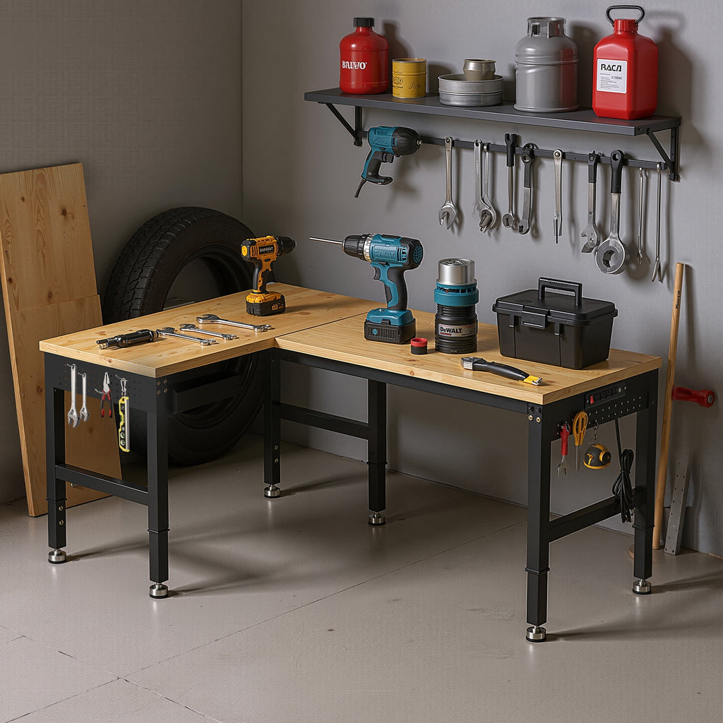 MUWOOD 96-inch L-Shaped Heavy-Duty Workbench with Adjustable Height, Wood Worktop, 5000 LBS Load Capacity for Garage, Workshop