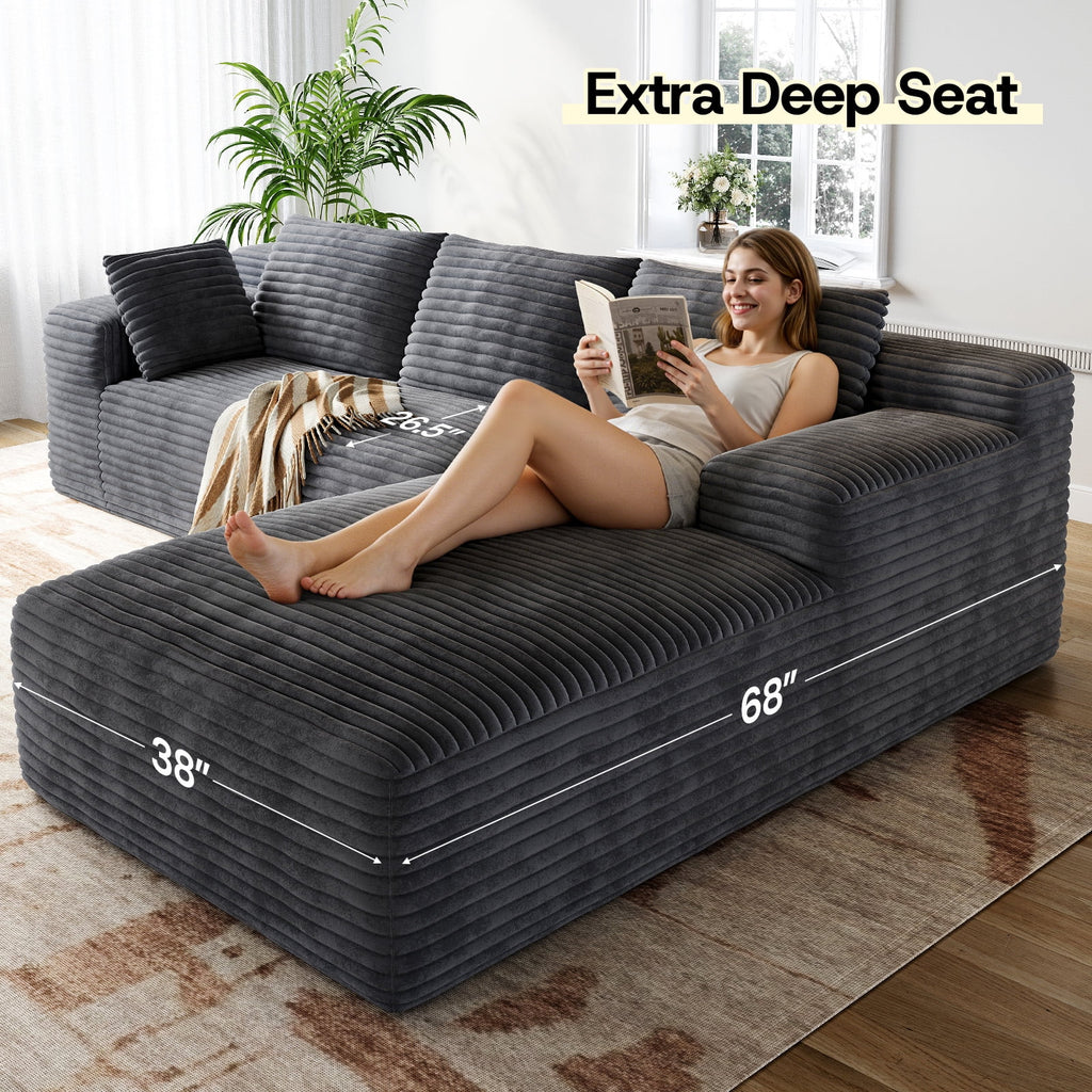 Patbrela 106 Sectional Couch for Living Room, L-Shaped Boneless Cloud Couch Corduroy Modern Sectional Sofa with Deep Seat and Thickened Cushion, No Assembly Required, Black