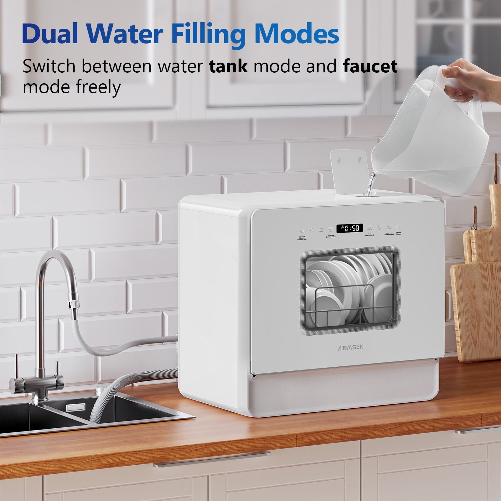 AIRMSEN 5-Place Settings Portable Countertop Dishwasher with 5L Built-in Water Tank, Ultra-Slim Dishwasher Upgrade 3 Spray Arms, 12H Delay Start and Salt Chamber Function, ZMW-DUHA01