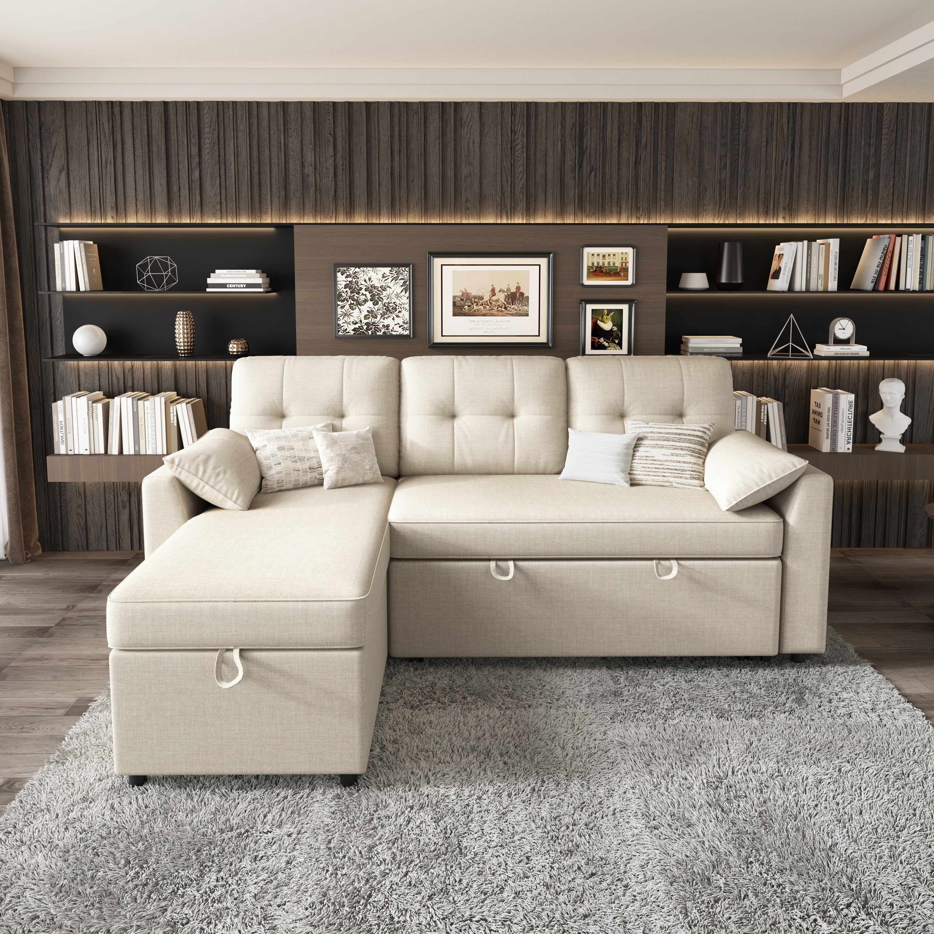 VANACC Sectional Sofa Bed with Storage and Soft Seat ,Reversible Pull Out Couch for Living Room,Gray