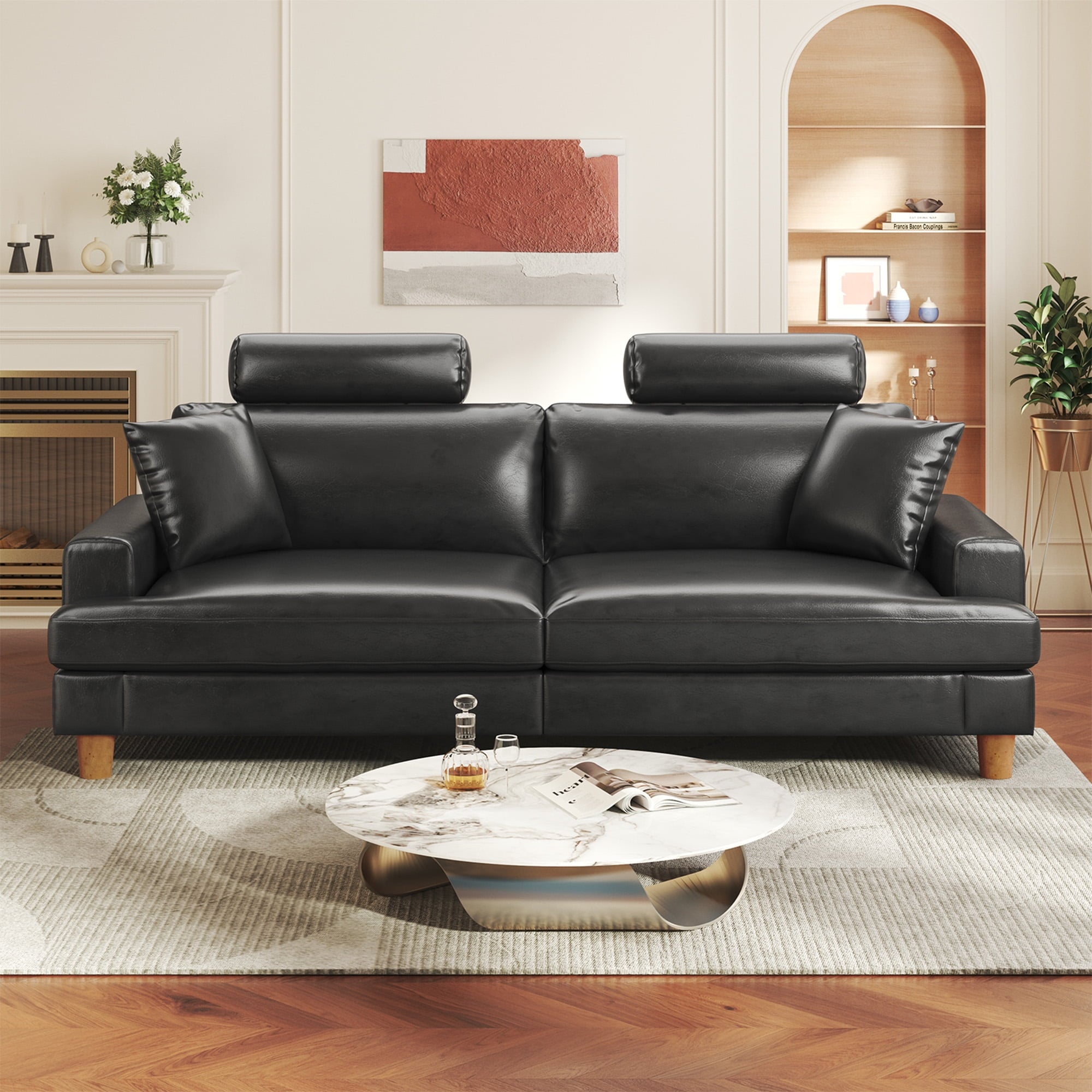 87 Sofa Premium PU Leather Couch with Headrest, Comfy 27 Extra Deep Seat 3 Seater Sofa for Living Room, Includes 2 Pillows, Black