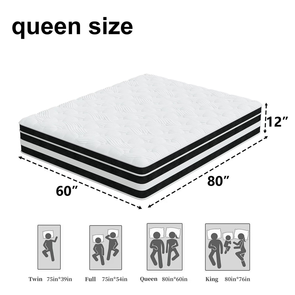12 inch Queen Mattress,Gel Memory Foam & Spring Hybrid Medium Comfort Queen Size in a Box , Pressure Relief, Motion Isolation,CertiPUR-US