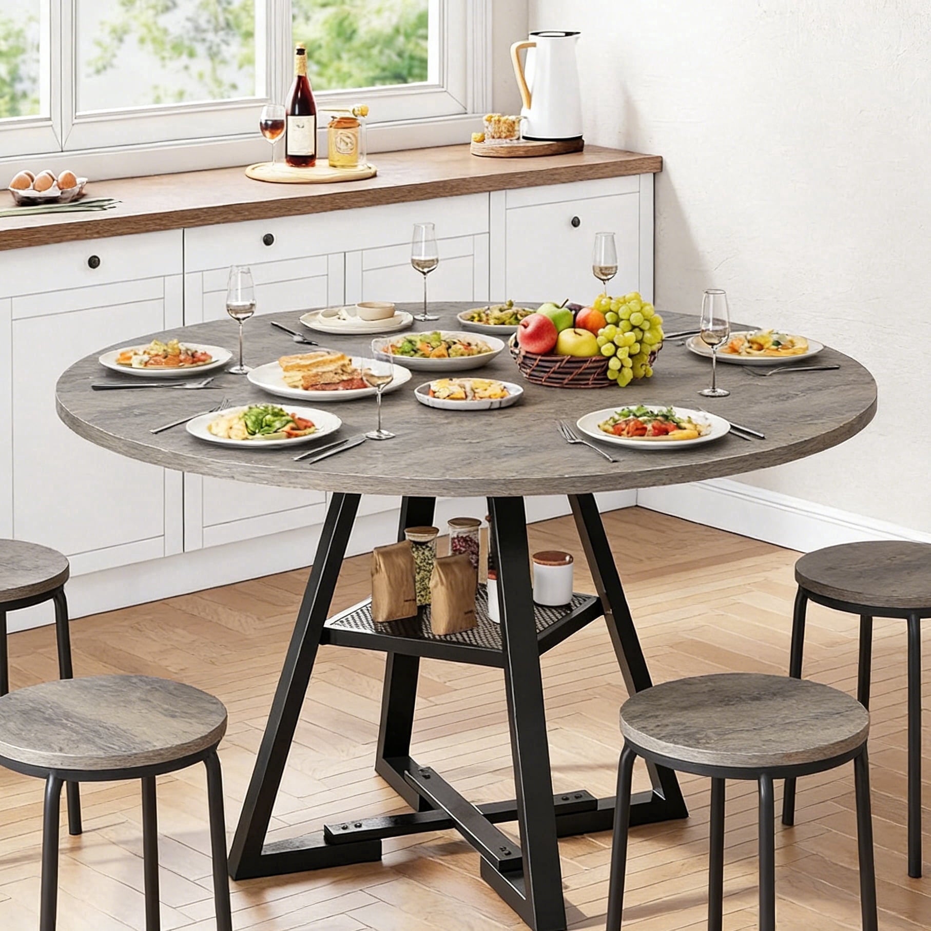 Behome 42” Round Dining Table for 4-6,Wooden Kitchen Table with Storage Shelf,Farmhouse Circle Tables for Dining Room, Living Room
