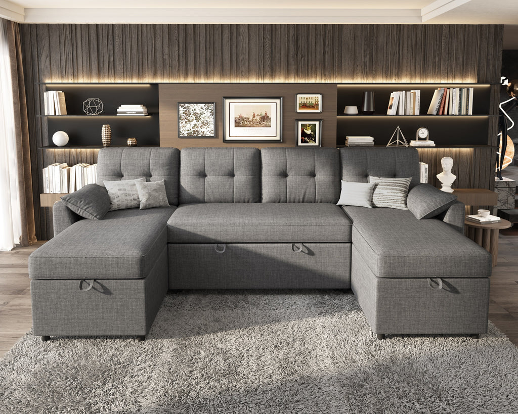 VANACC Sectional Sofa Bed with Storage and Soft Seat ,Reversible Pull Out Couch for Living Room,Gray