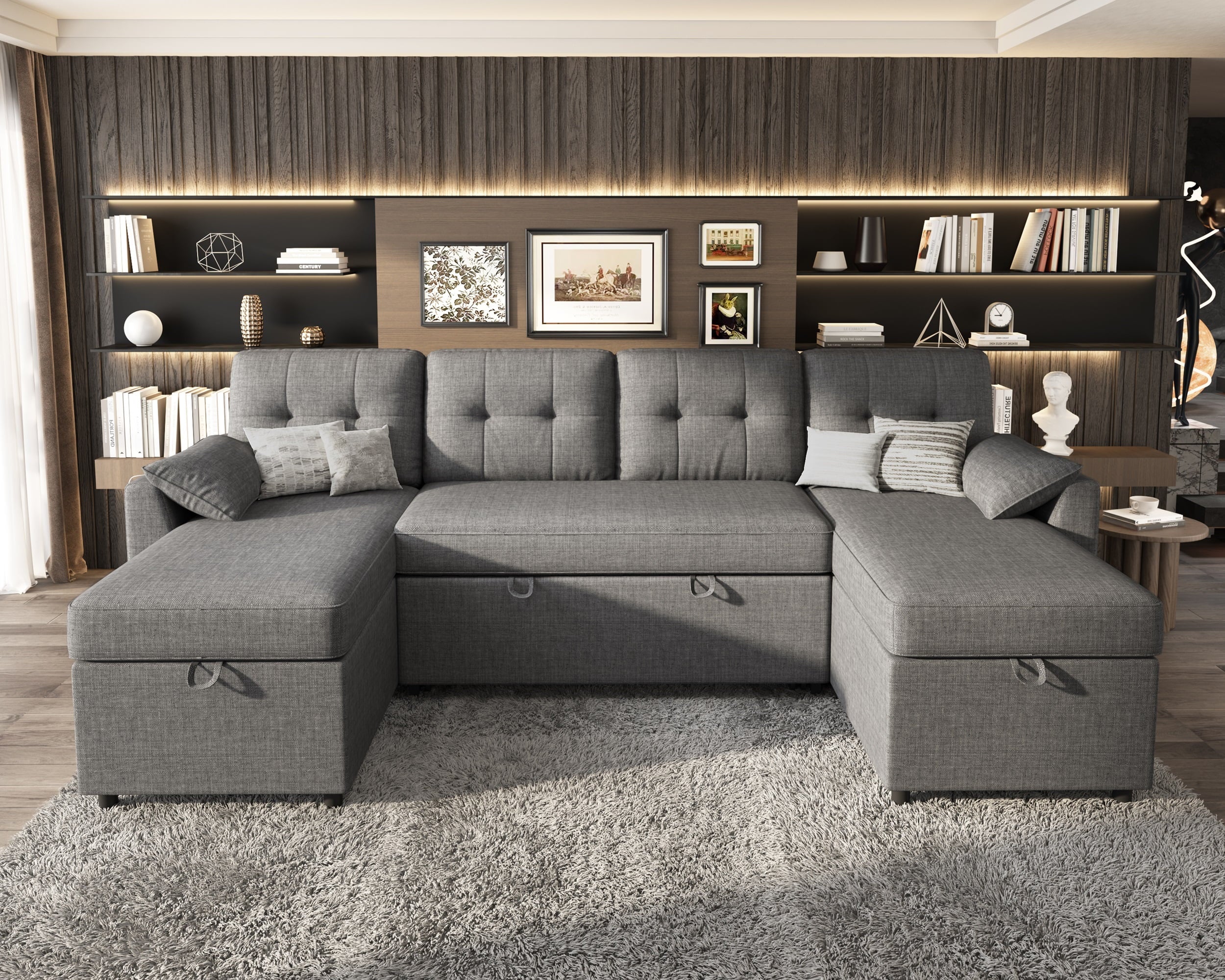 VANACC Sectional Sofa Bed with Storage and Soft Seat ,Reversible Pull Out Couch for Living Room,Gray
