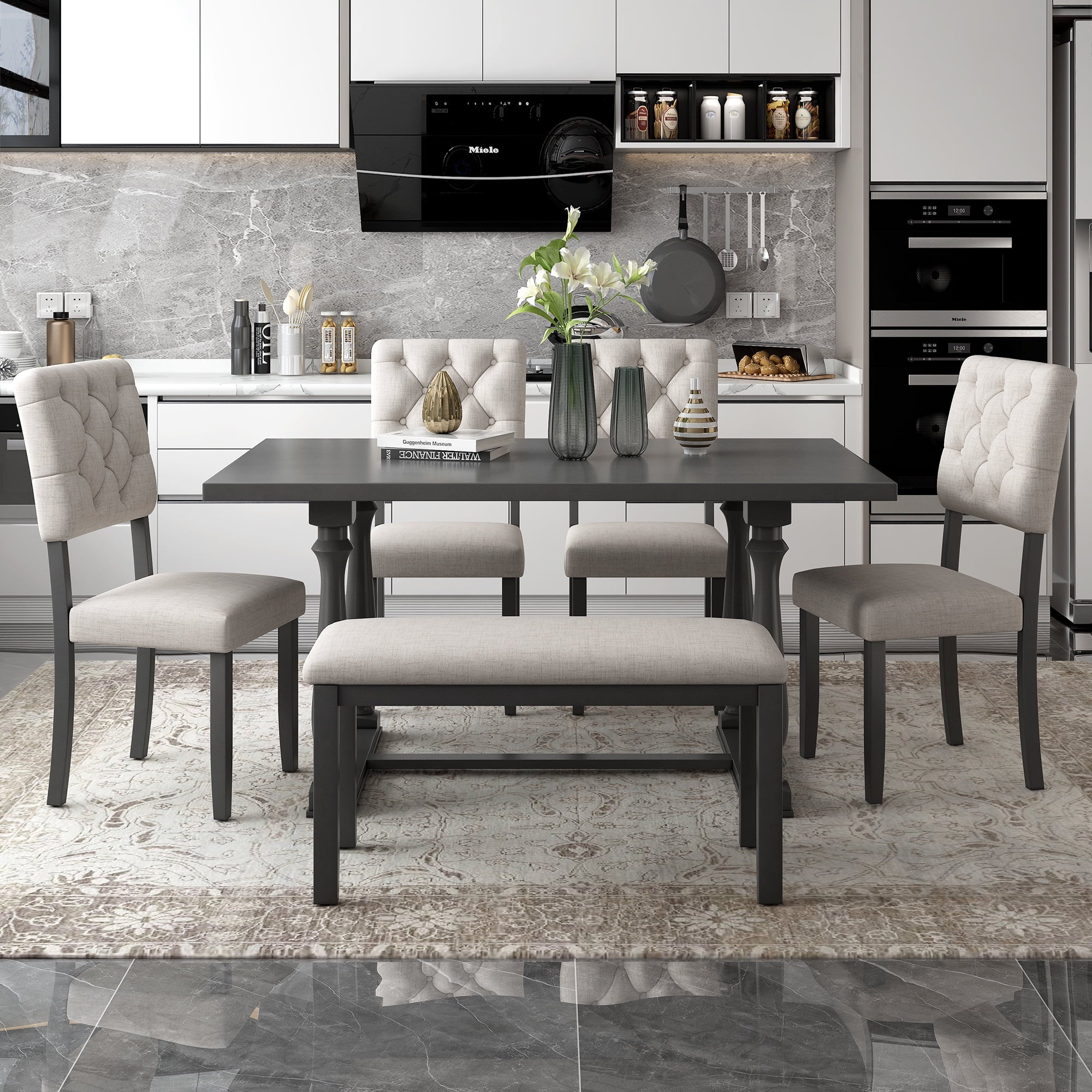 Harper & Bright Designs Dining Table Set for 6 with Bench Rectangular Table and 4 Upholstered Chairs for Kitchen, Gary