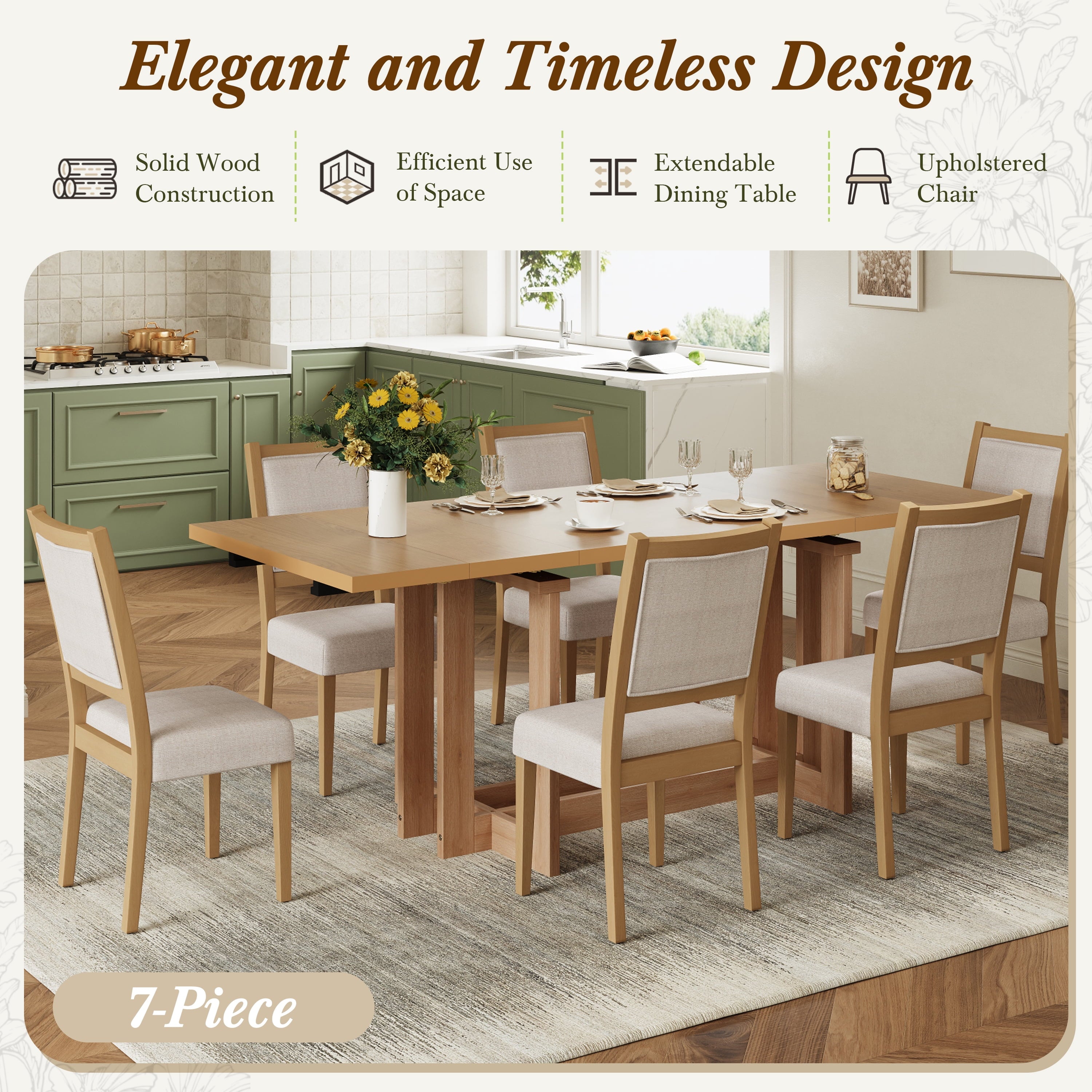 Harper & Bright Designs 7 Pieces Retro Dining Set for 6, Wood Rectangular Table with Designed Trestle Base and 6 Upholstered Chairs for Dining Room and Kitchen, Grey